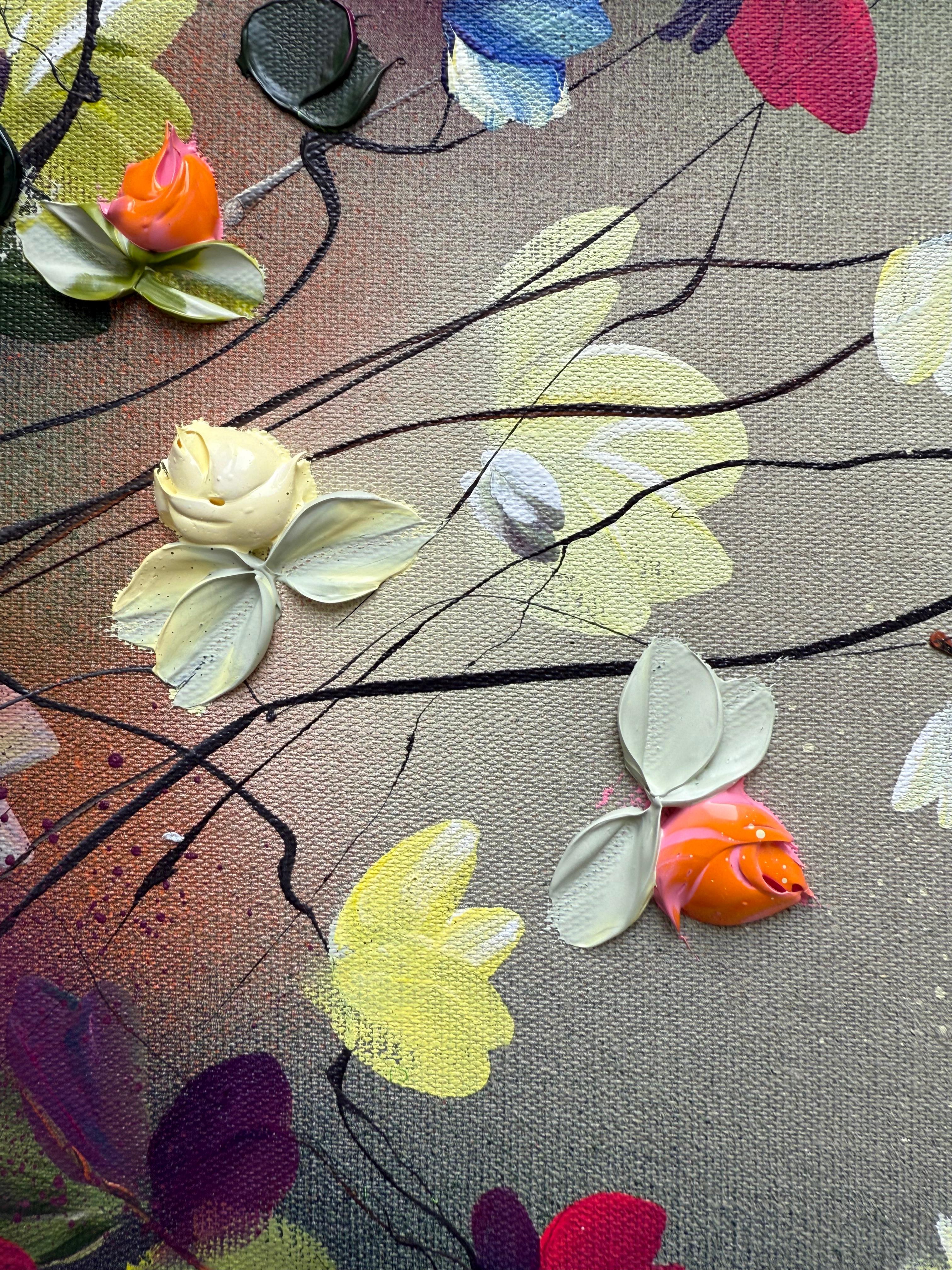 Paleta de la naturaleza -  colorido cuadro impresionista lienzo de lino con rosas 3d - Painting de Anastassia Skopp