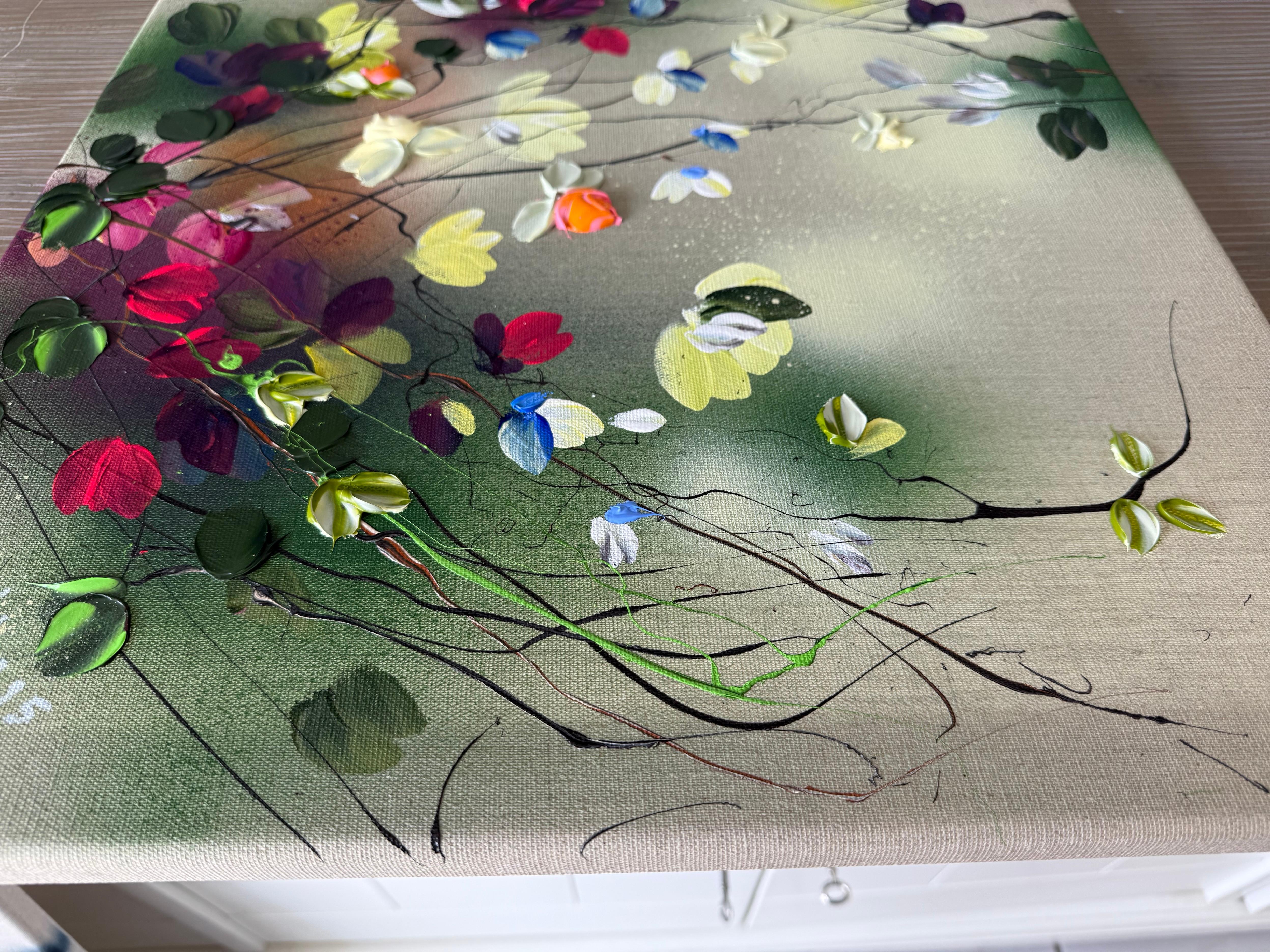 Paleta de la naturaleza -  colorido cuadro impresionista lienzo de lino con rosas 3d - Painting Impresionista abstracto de Anastassia Skopp