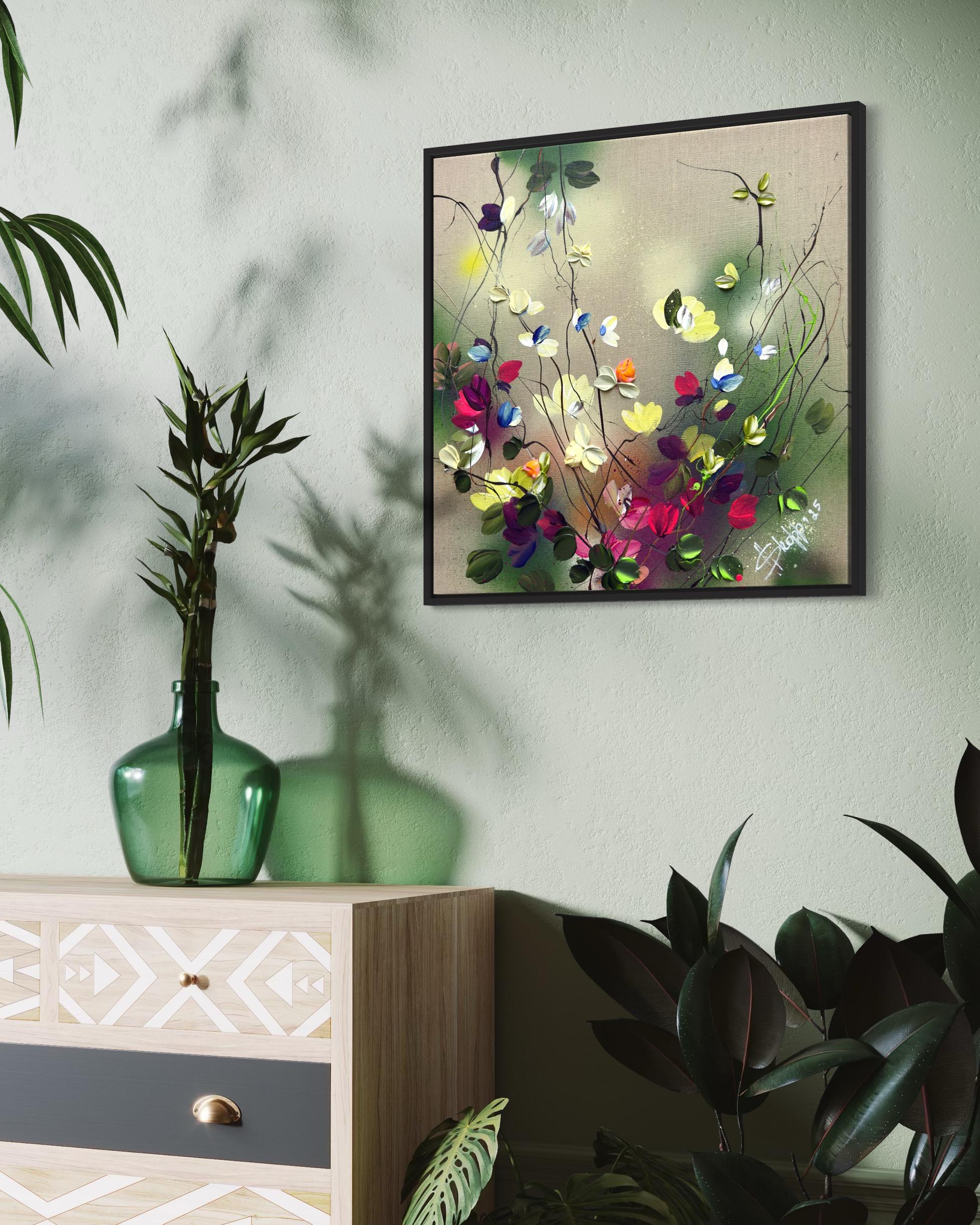 Paleta de la naturaleza -  colorido cuadro impresionista lienzo de lino con rosas 3d - Figurative Painting Beige de Anastassia Skopp