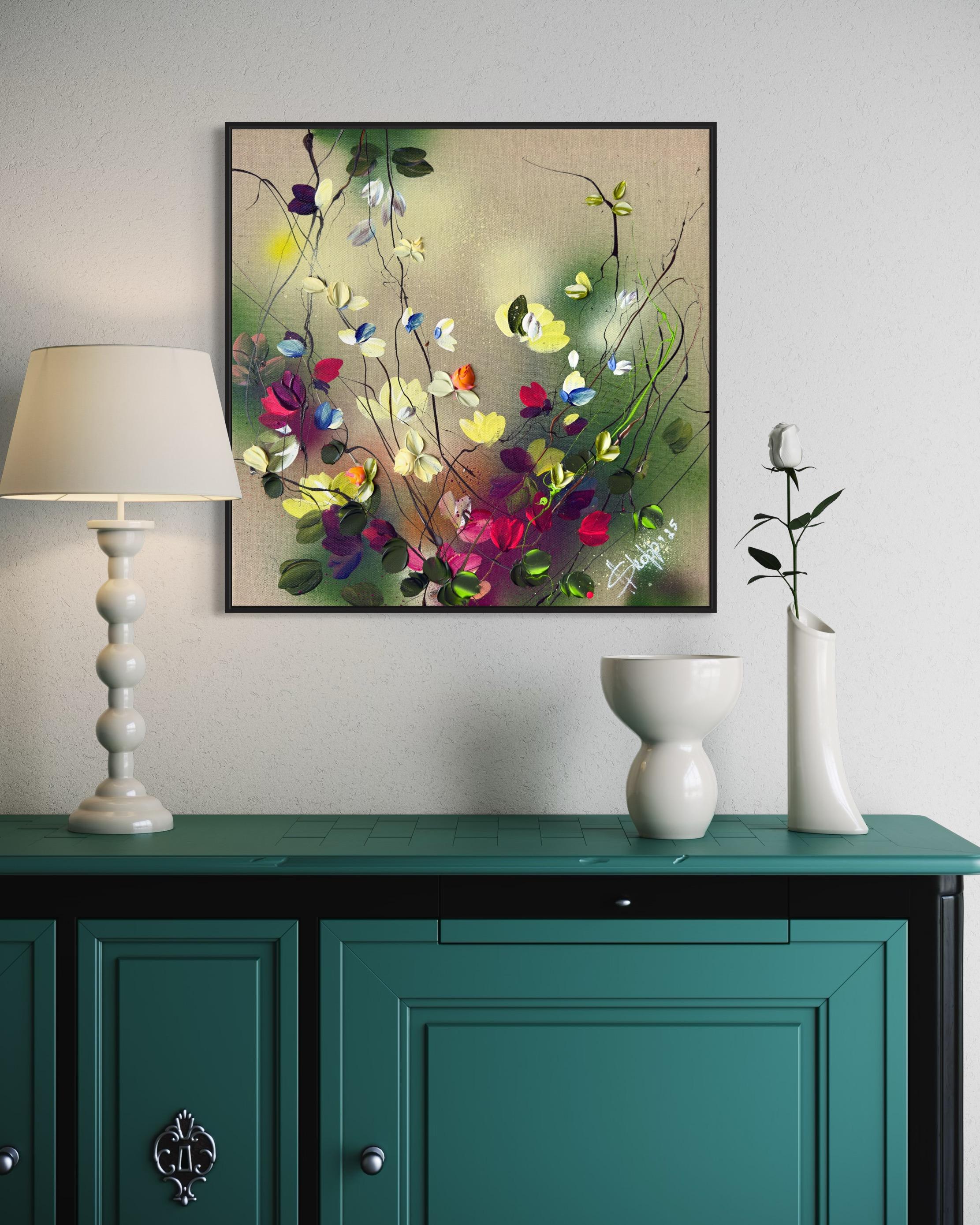 Paleta de la naturaleza -  colorido cuadro impresionista lienzo de lino con rosas 3d en venta 1