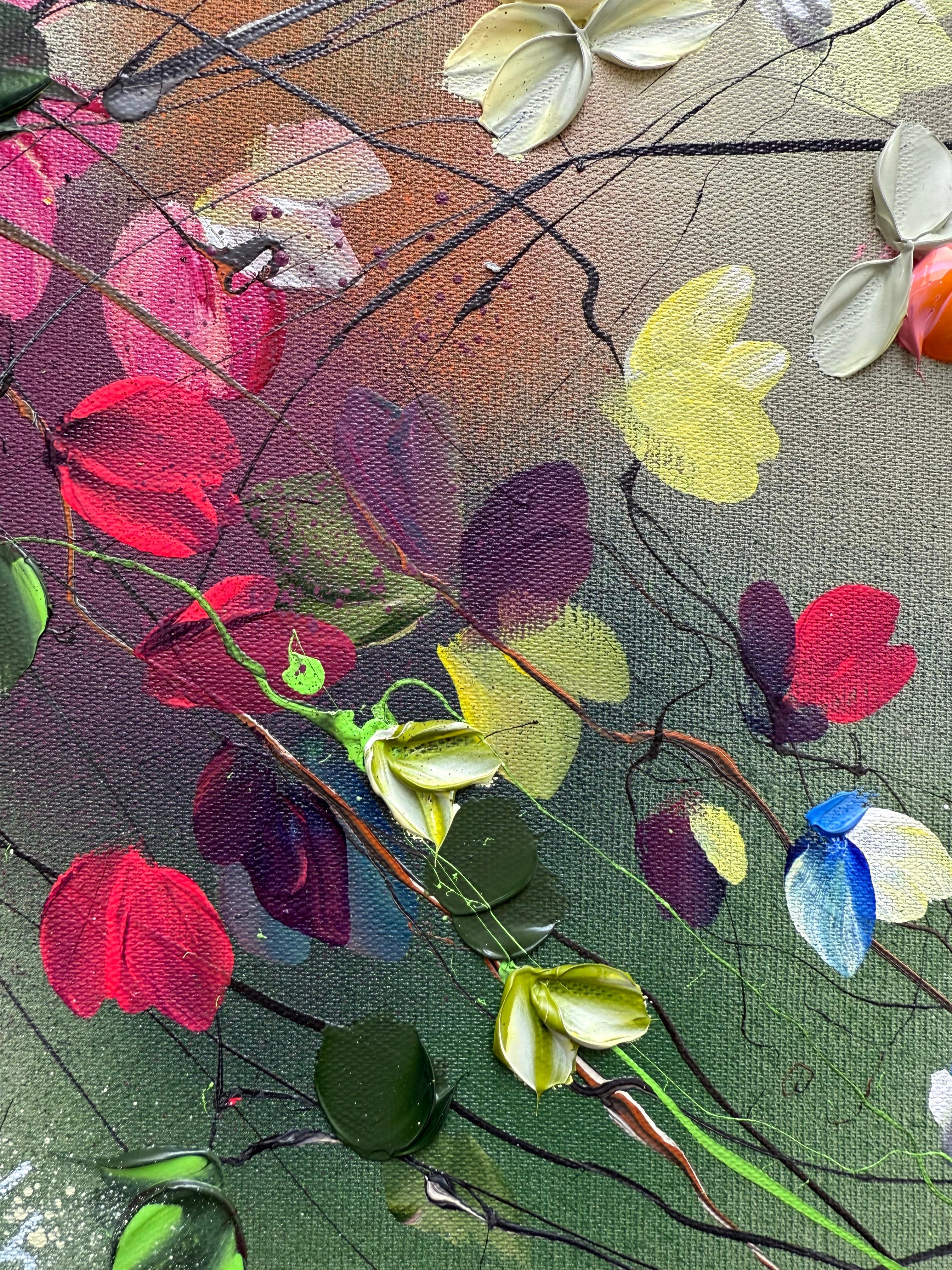 Paleta de la naturaleza -  colorido cuadro impresionista lienzo de lino con rosas 3d en venta 2