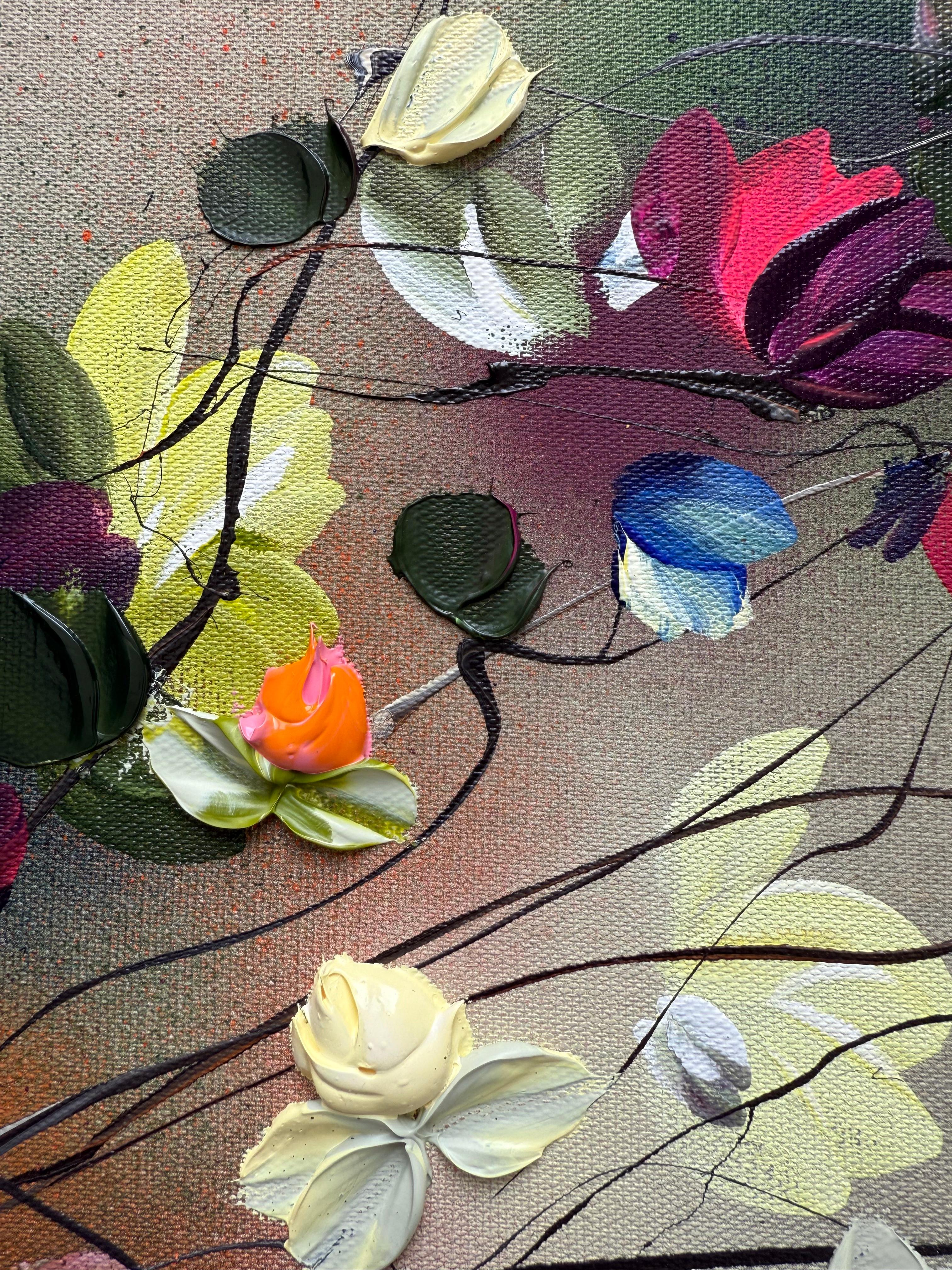 Paleta de la naturaleza -  colorido cuadro impresionista lienzo de lino con rosas 3d en venta 3