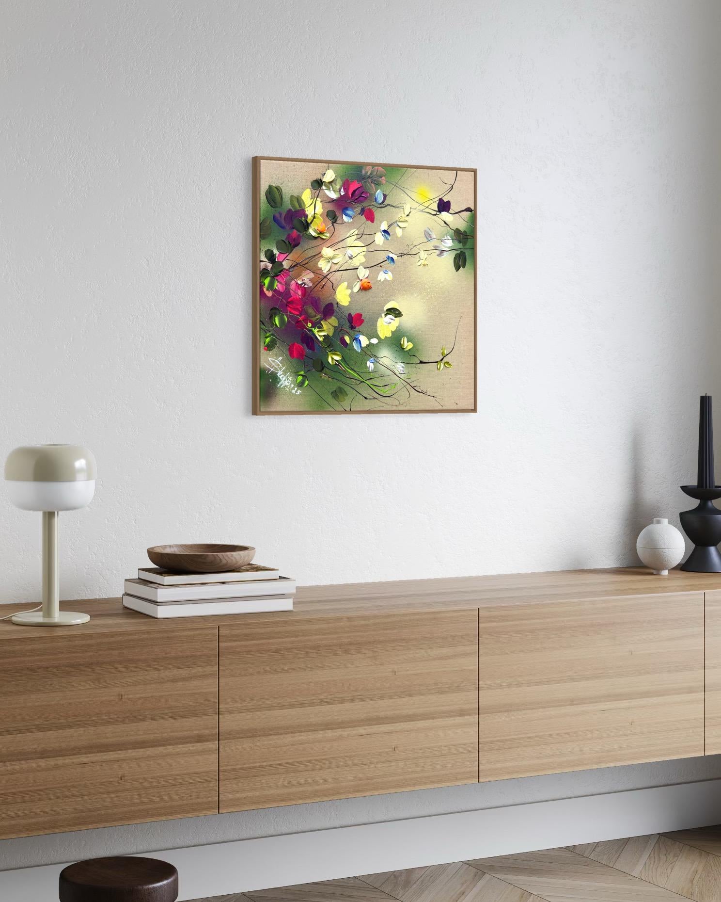 Paleta de la naturaleza -  colorido cuadro impresionista lienzo de lino con rosas 3d en venta 4