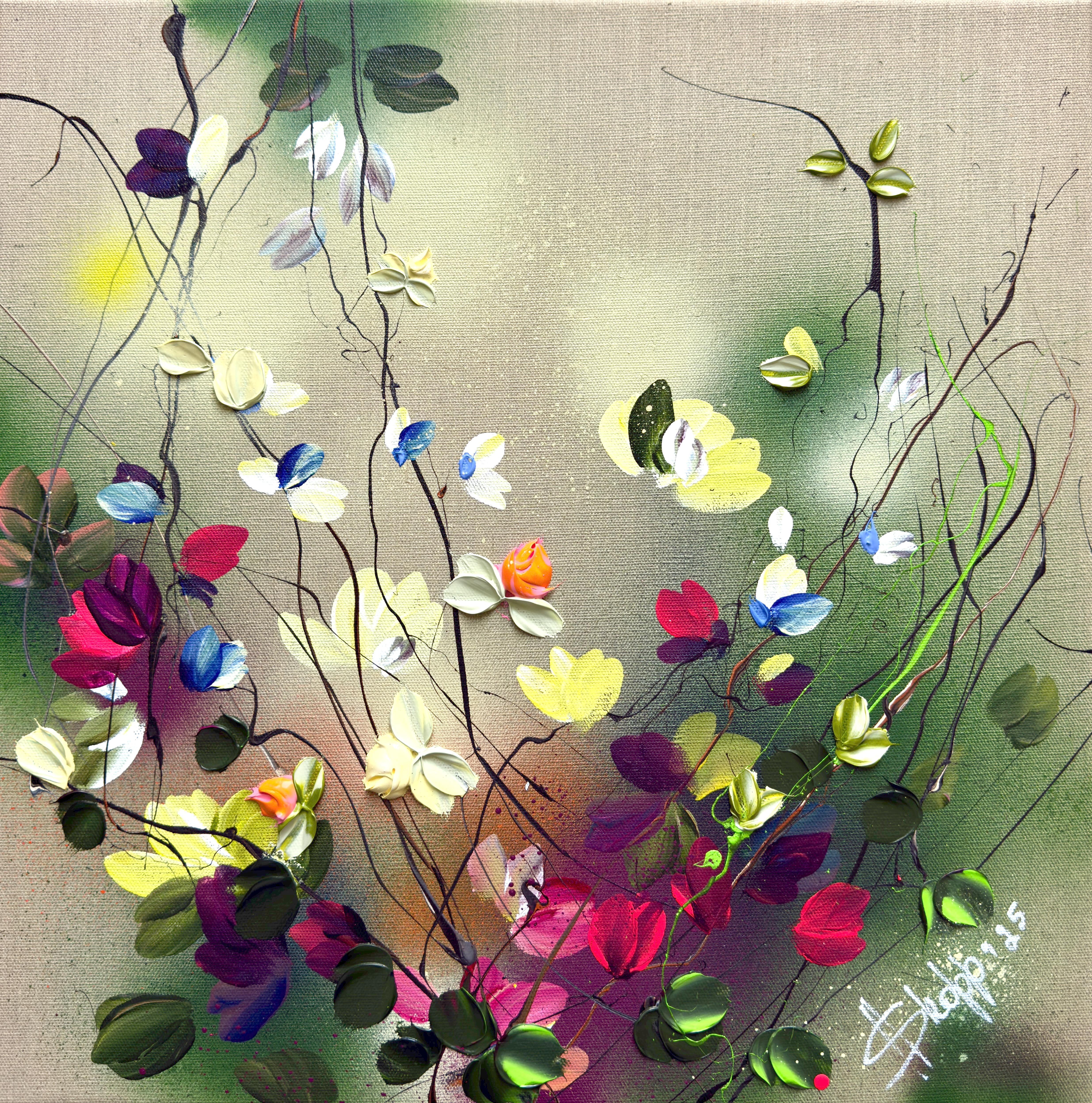 Figurative Painting de Anastassia Skopp - Paleta de la naturaleza -  colorido cuadro impresionista lienzo de lino con rosas 3d