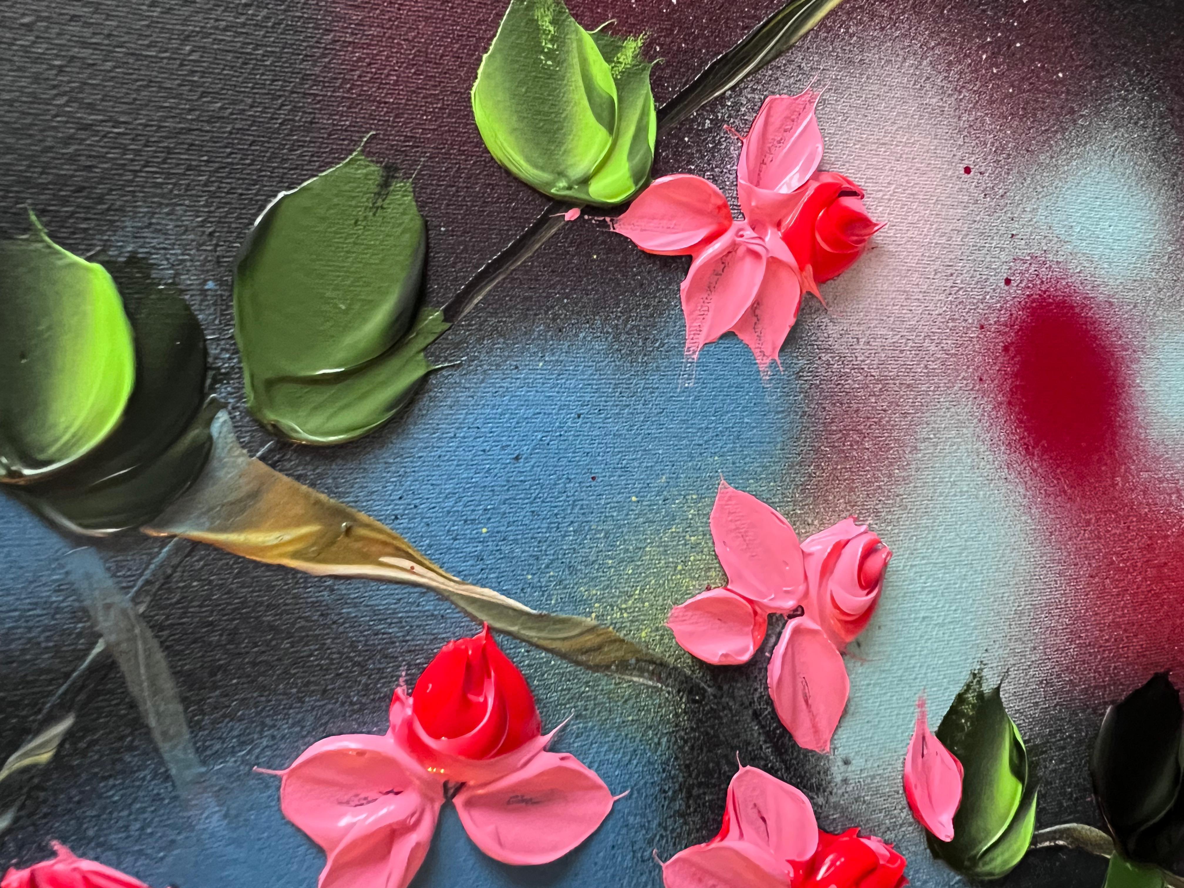 Passion Bloom -  large impressionistic red painting on canvas with pink roses For Sale 6
