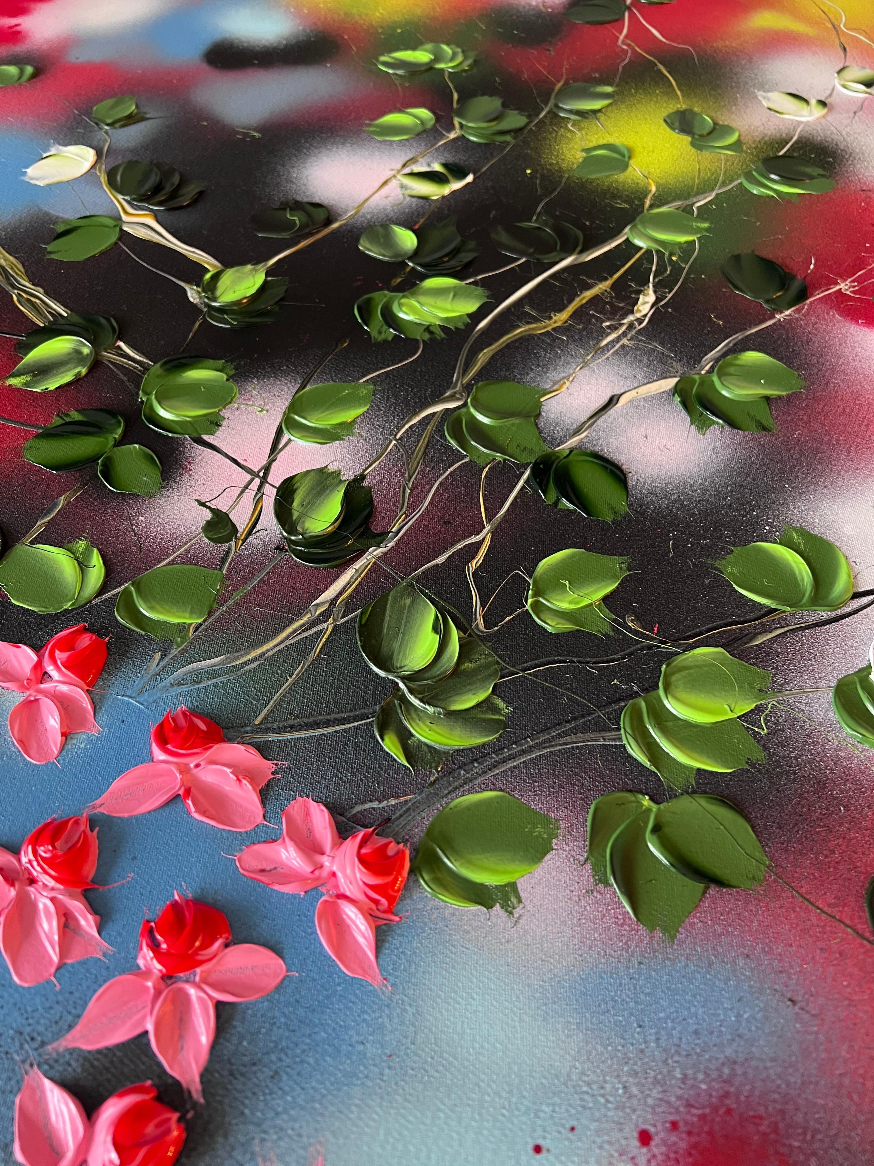 Passion Bloom -  large impressionistic red painting on canvas with pink roses For Sale 7