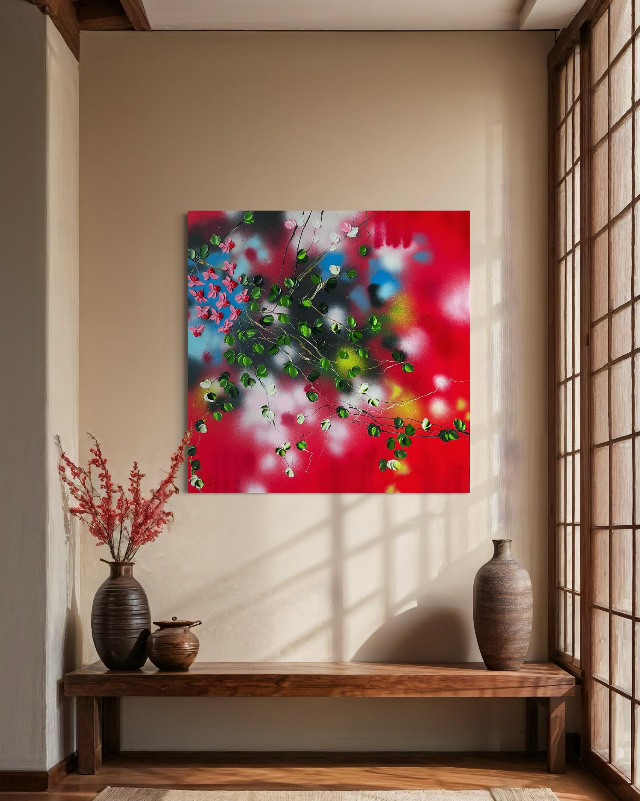Passion Bloom -  large impressionistic red painting on canvas with pink roses For Sale 8