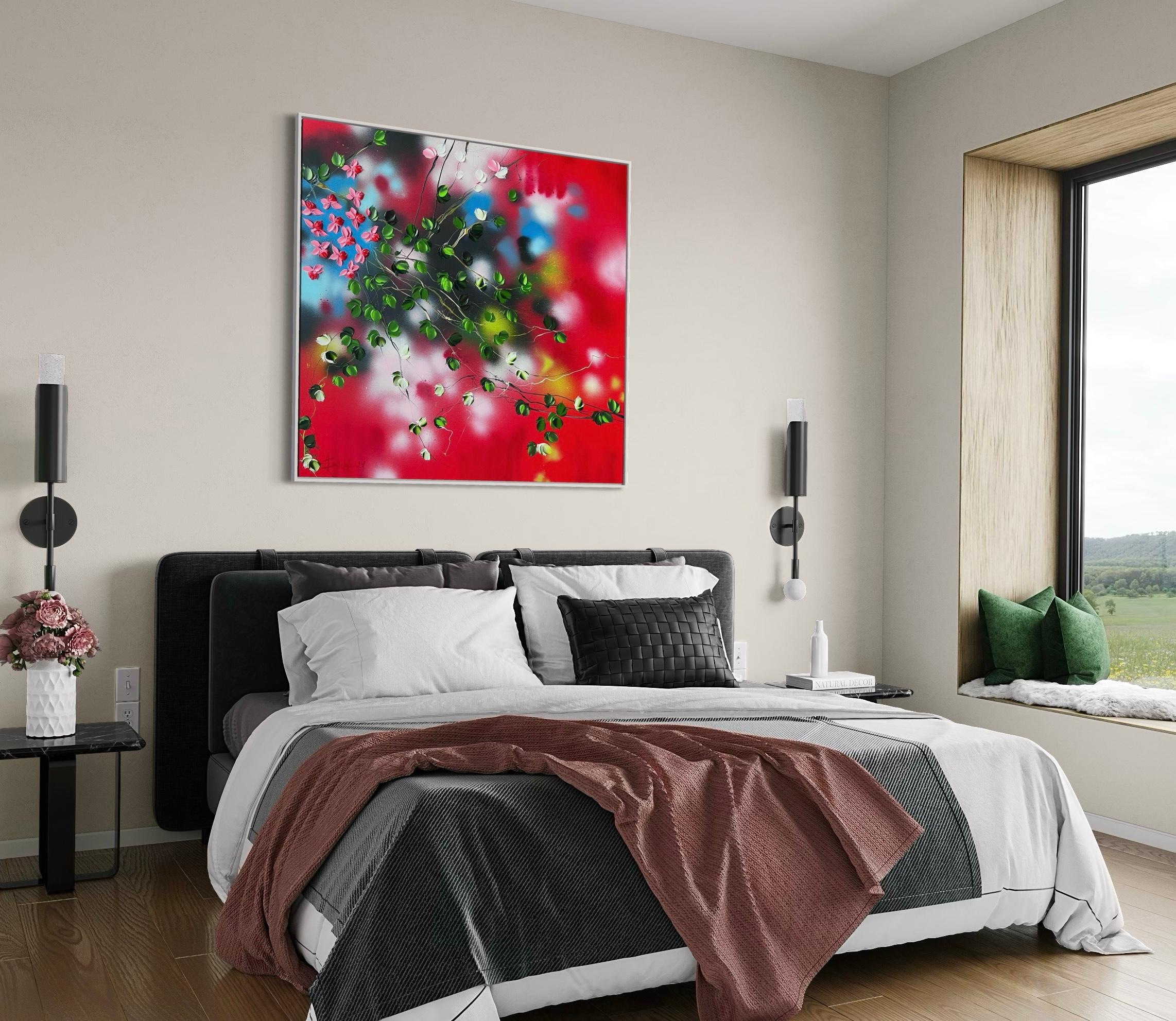 Passion Bloom -  large impressionistic red painting on canvas with pink roses For Sale 9