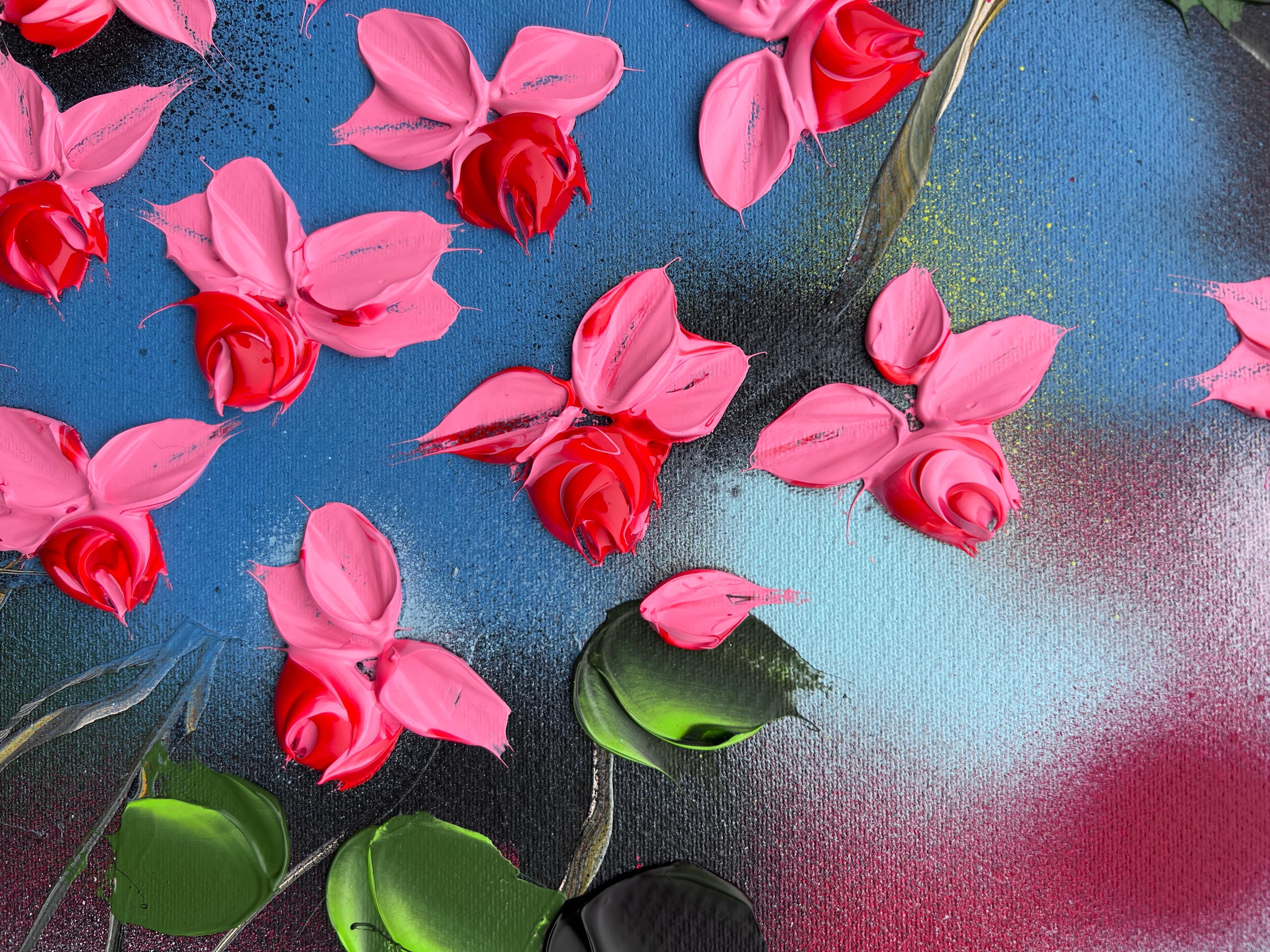 Passion Bloom -  large impressionistic red painting on canvas with pink roses - Painting by Anastassia Skopp