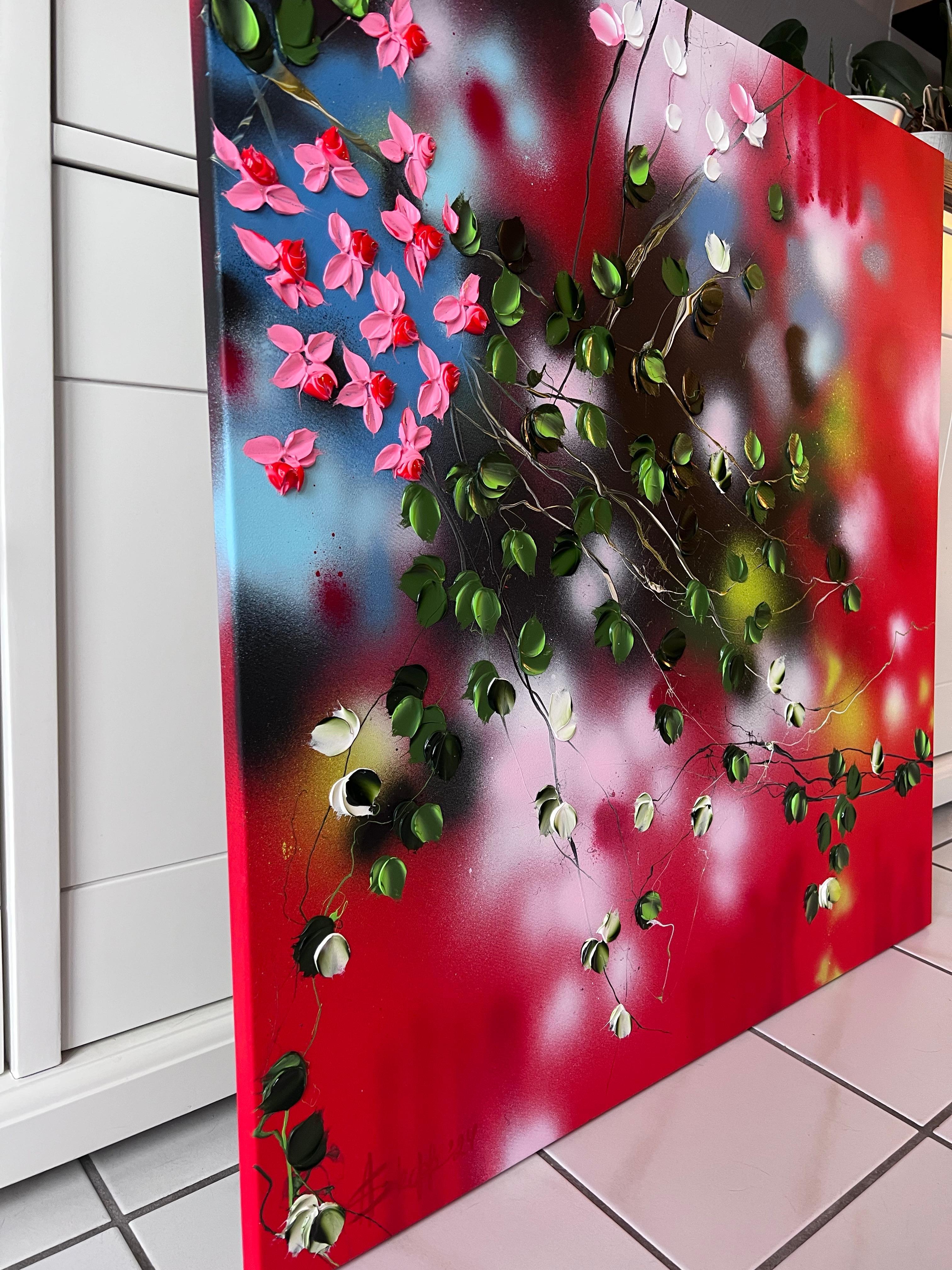 Passion Bloom -  large impressionistic red painting on canvas with pink roses - Red Figurative Painting by Anastassia Skopp
