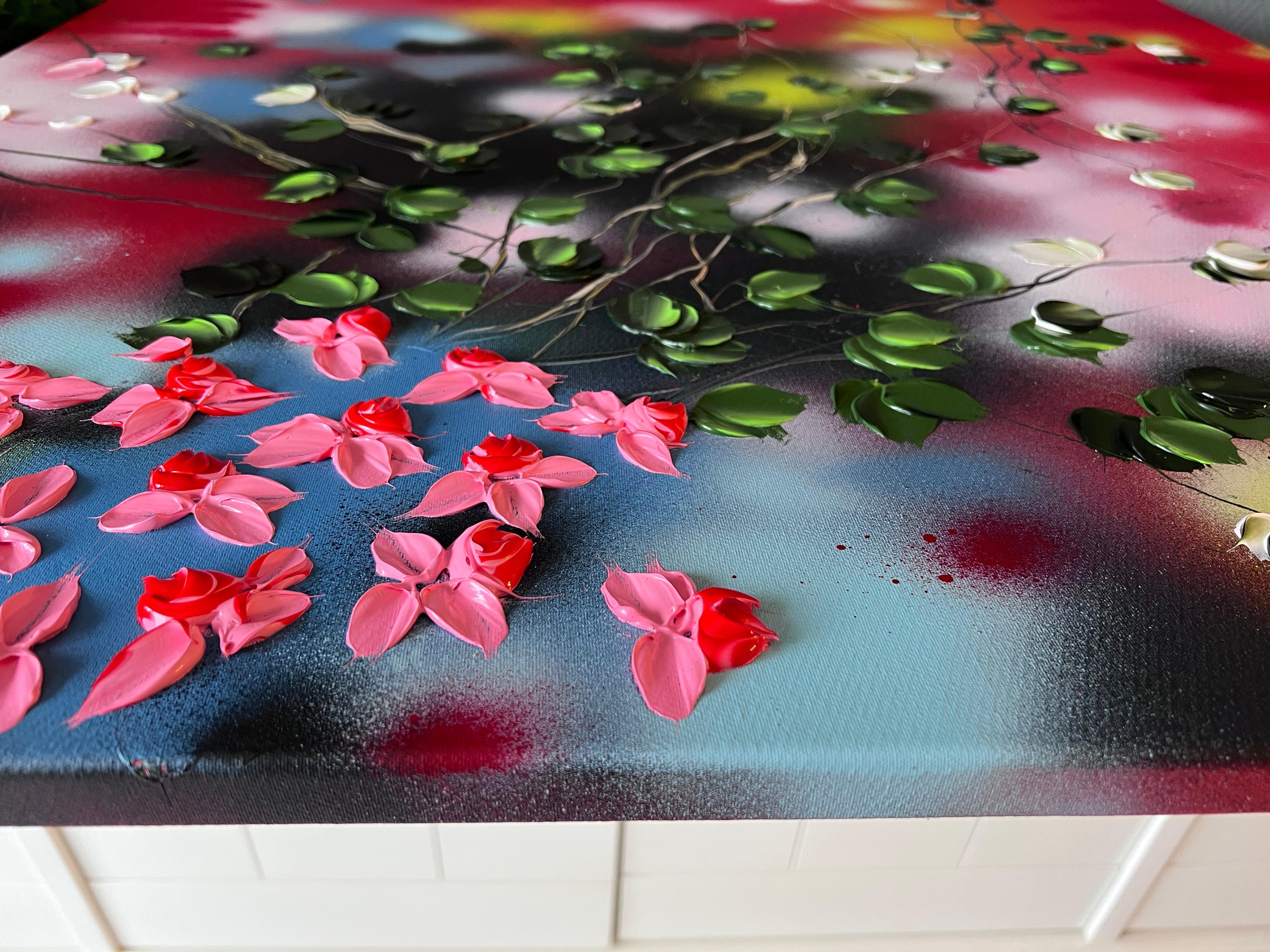 Embrace the vibrant allure of Passion Bloom – a captivating red rose painting that radiates pure passion, optimism, and love. This richly textured artwork in warm, fiery hues infuses any space with elegance and energy, inviting you to feel the