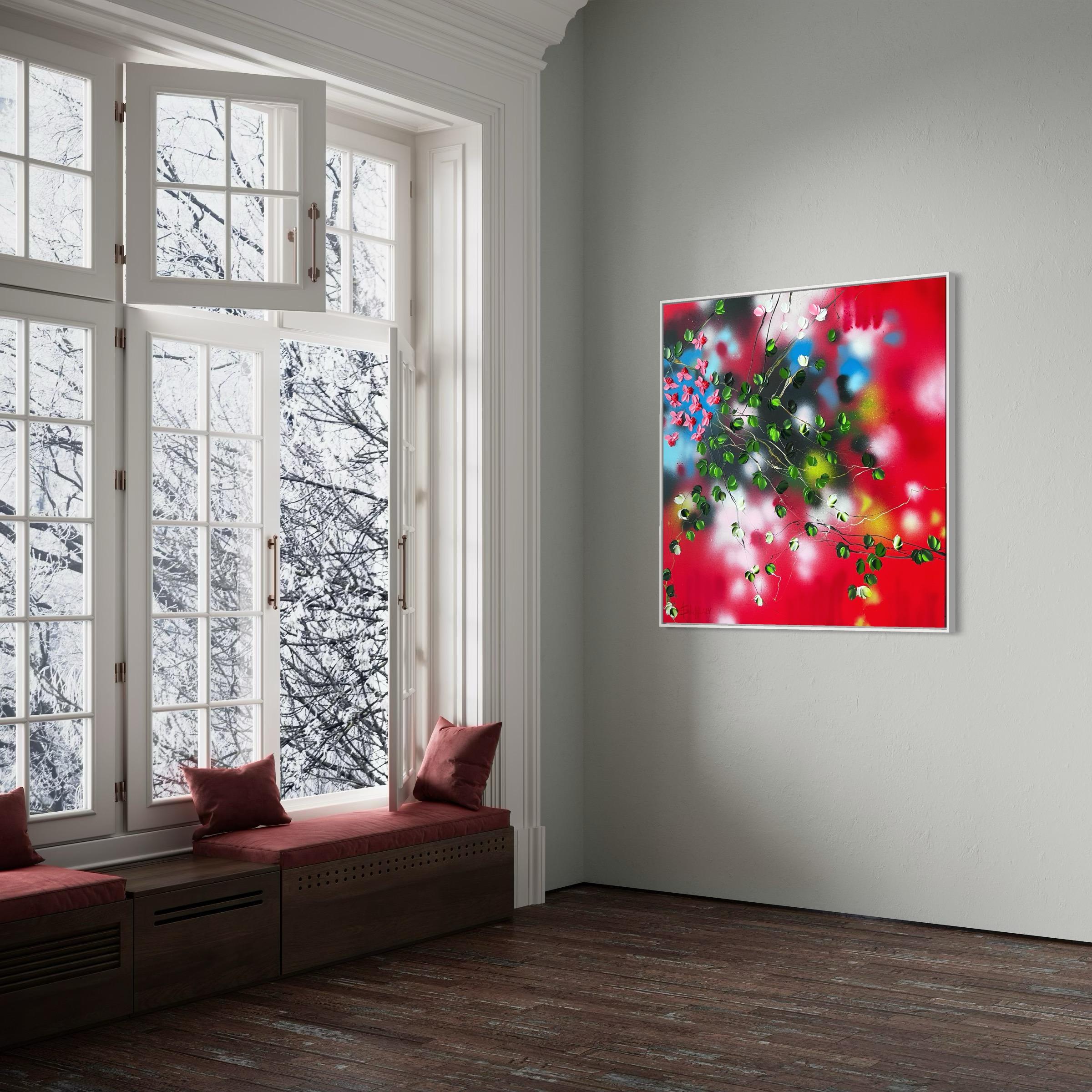Passion Bloom -  large impressionistic red painting on canvas with pink roses For Sale 3