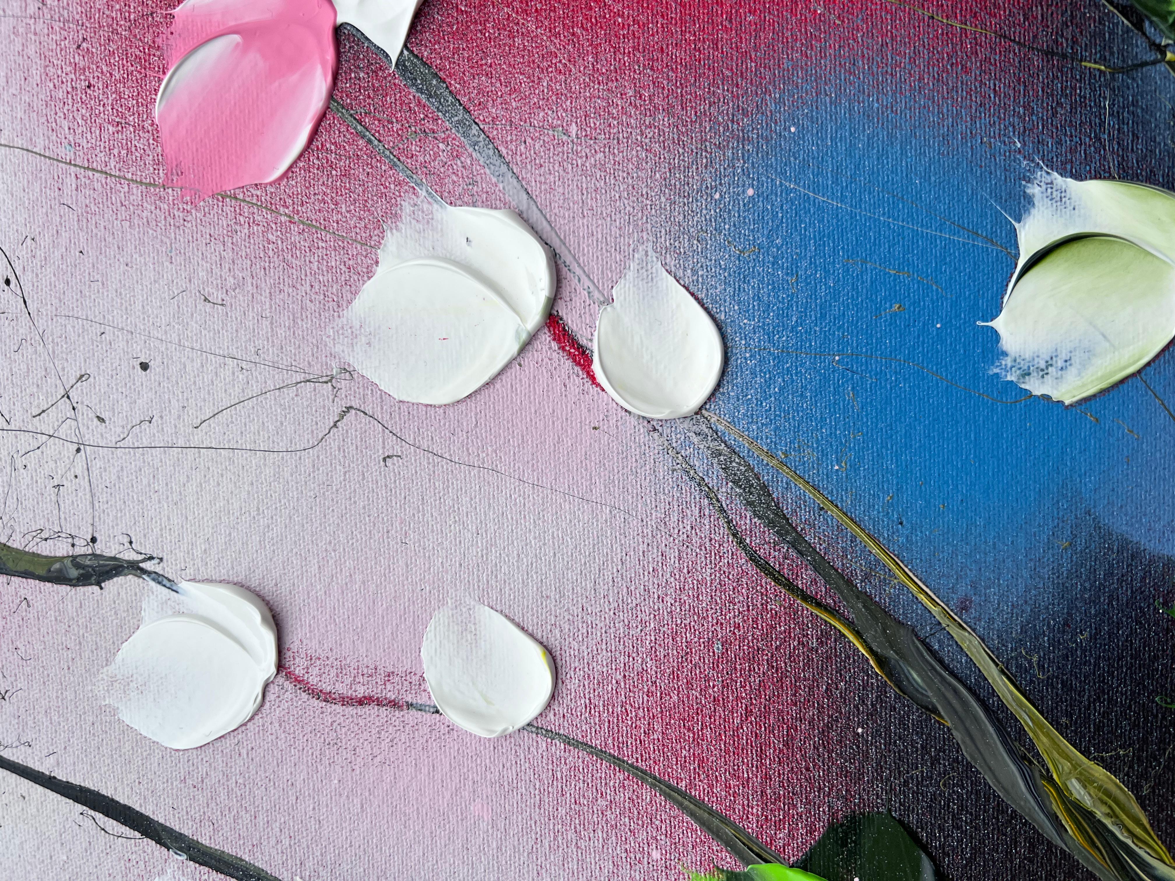 Passion Bloom -  large impressionistic red painting on canvas with pink roses For Sale 4