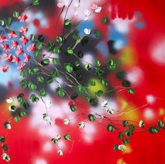 Passion Bloom -  large impressionistic red painting on canvas with pink roses