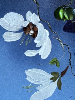 "Rose di perle nel silenzio blu"  grande dipinto impressionistico su tela di lino