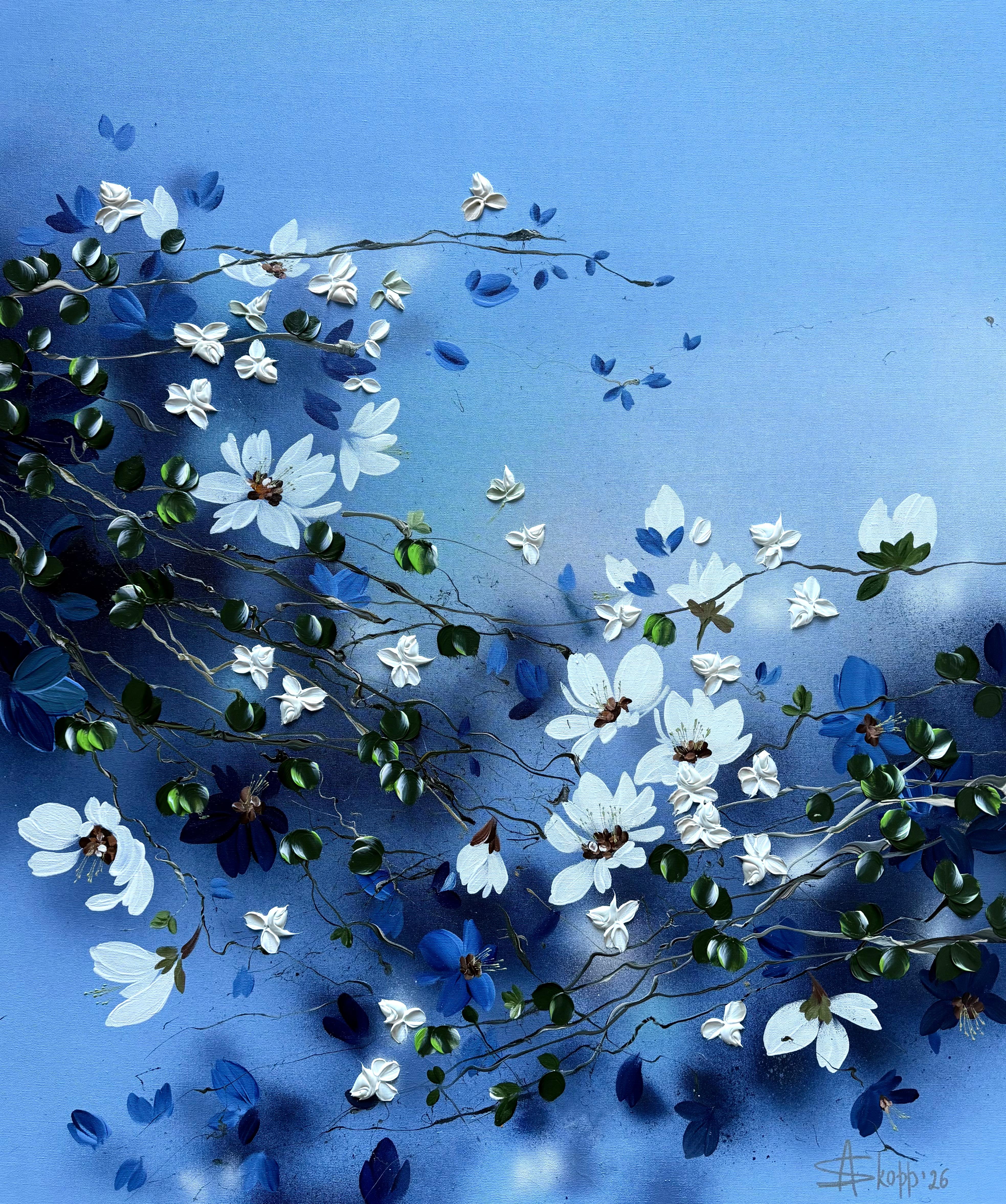 "Pearl Roses in Blue Silence"  large impressionistic painting on linen canvas