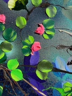 Petal Drift I - türkisfarbenes Impasto-Gemälde auf Leinen mit 3D-Blumen