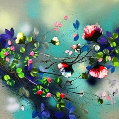 Petal Drift I - türkisfarbenes Impasto-Gemälde auf Leinen mit 3D-Blumen