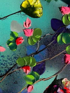 Petal Drift III - türkisfarbenes Impasto-Gemälde auf Leinen mit 3d Blumen