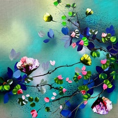 Petal Drift III - türkisfarbenes Impasto-Gemälde auf Leinen mit 3d Blumen