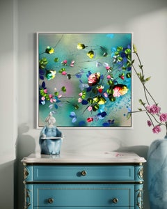 Petal Drift II - türkisfarbenes Impasto-Gemälde auf Leinen mit 3d Blumen