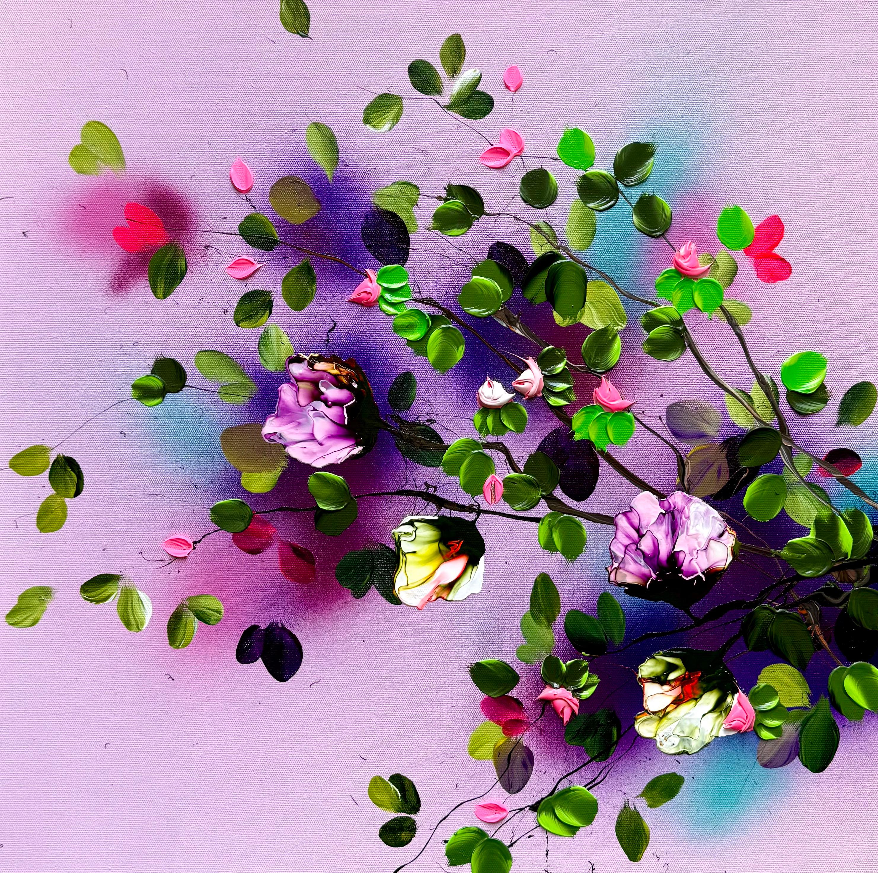 Pink Mood I - rose impasto colorful painting on linen canvas with 3d flowers