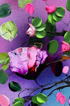 Pink Mood II – farbenfrohes Impastogemälde in Rosatönen auf Leinen mit 3D-Blumen