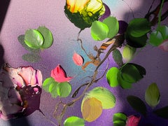 Pink Mood III - peinture colorée en impasto rose sur toile de lin avec des fleurs en 3D