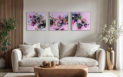 Pink Mood - rose impasto colorful triptych on linen canvas with 3d flowers