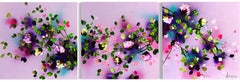 Pink Mood - rose impasto colorful triptych on linen canvas with 3d flowers
