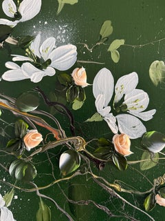 Quiet Branches I - dark green impasto painting on linen canvas with 3d flowers