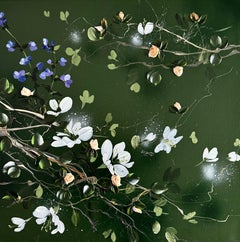 Quiet Branches I - dark green impasto painting on linen canvas with 3d flowers