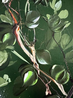 Quiet Branch II - pittura a impasto verde scuro su tela di lino con fiori in 3d