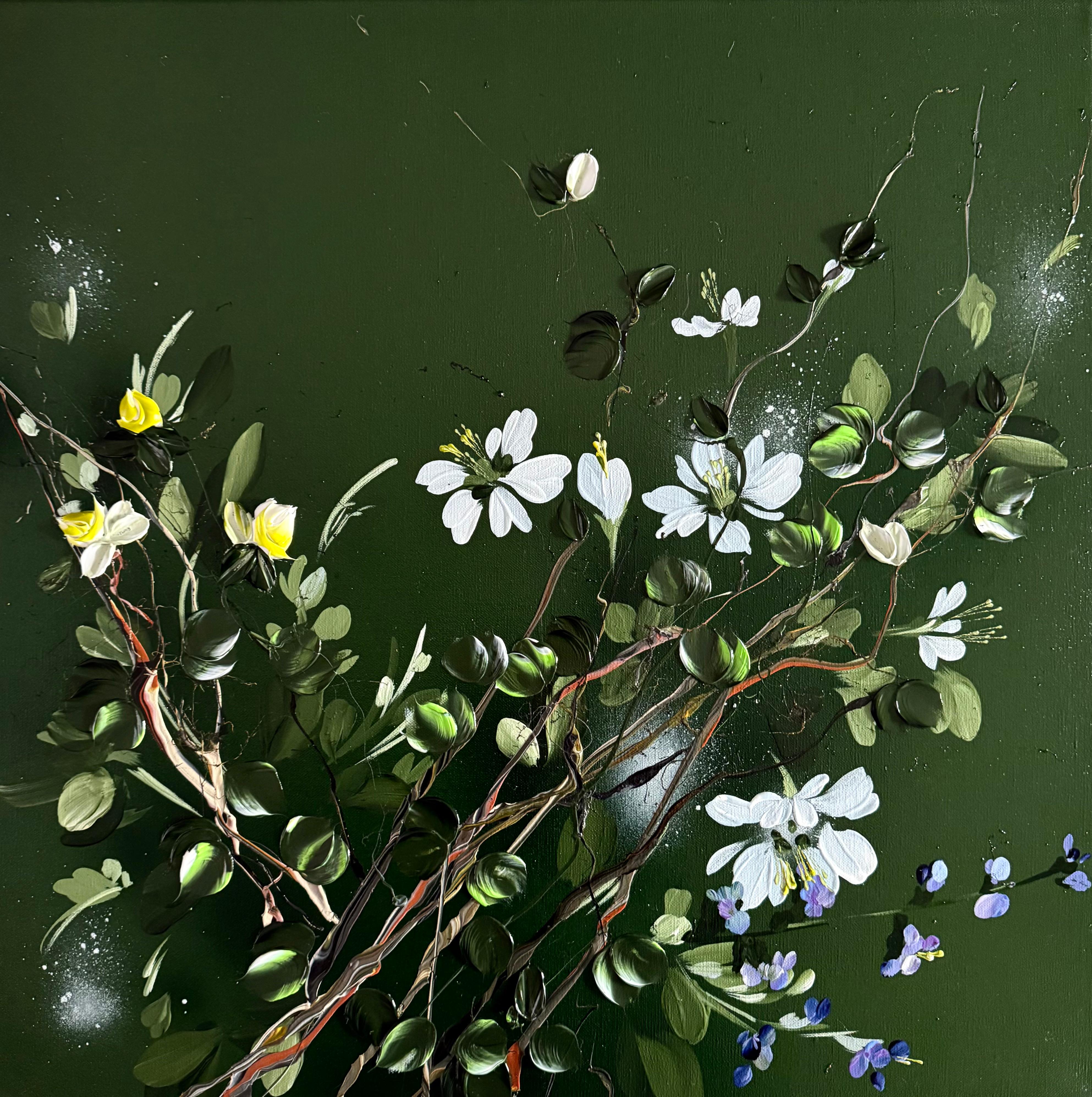 Abstract Painting de Anastassia Skopp - Ramas tranquilas II - pintura verde oscuro empastada sobre lienzo de lino con flores en 3D