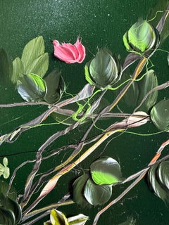 Quiet Branches III - dunkelgrünes Impasto-Gemälde auf Leinen mit 3d Blumen