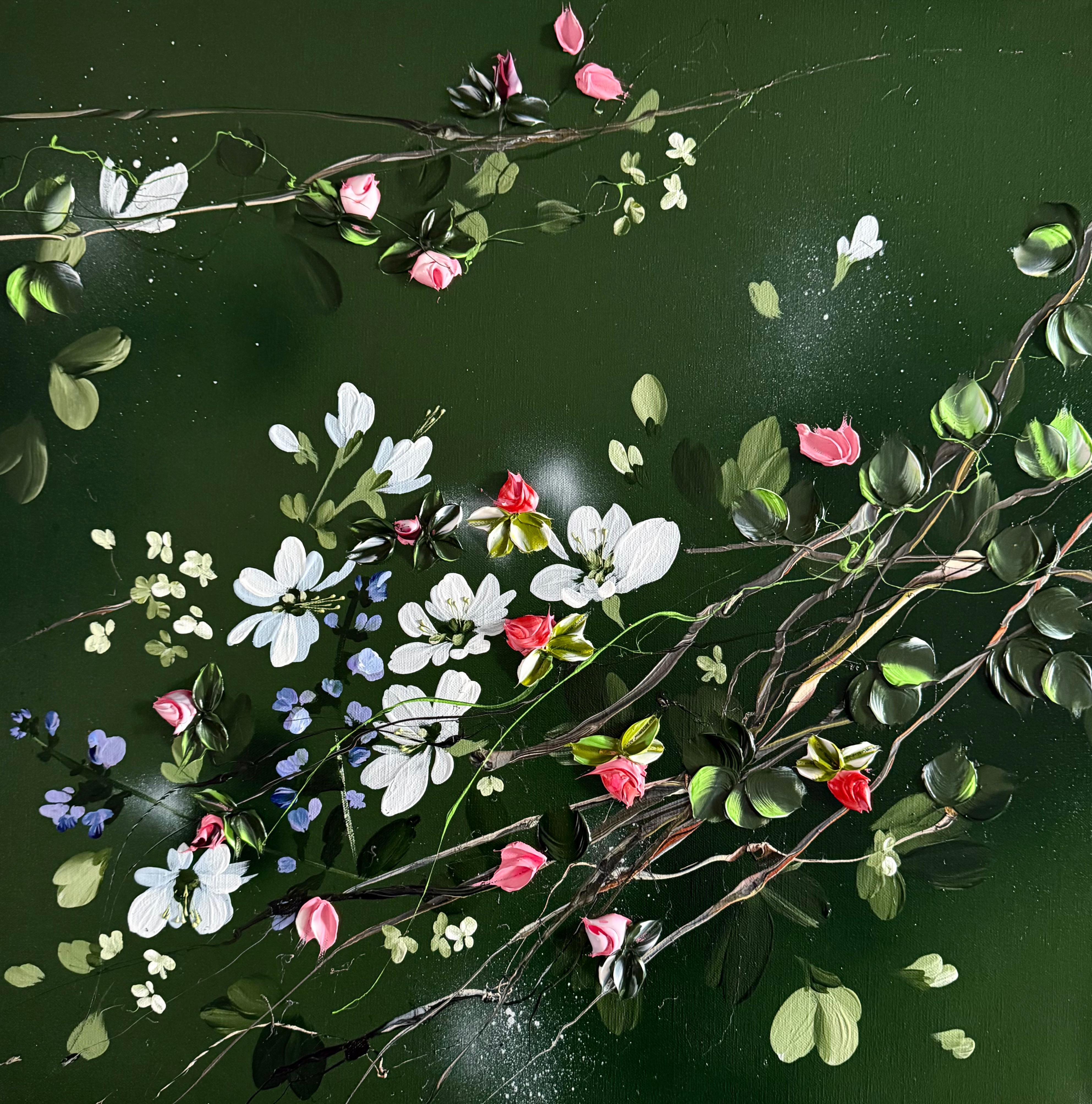 Figurative Painting di Anastassia Skopp - Quiet Branch III - dipinto a impasto verde scuro su tela di lino con fiori in 3d