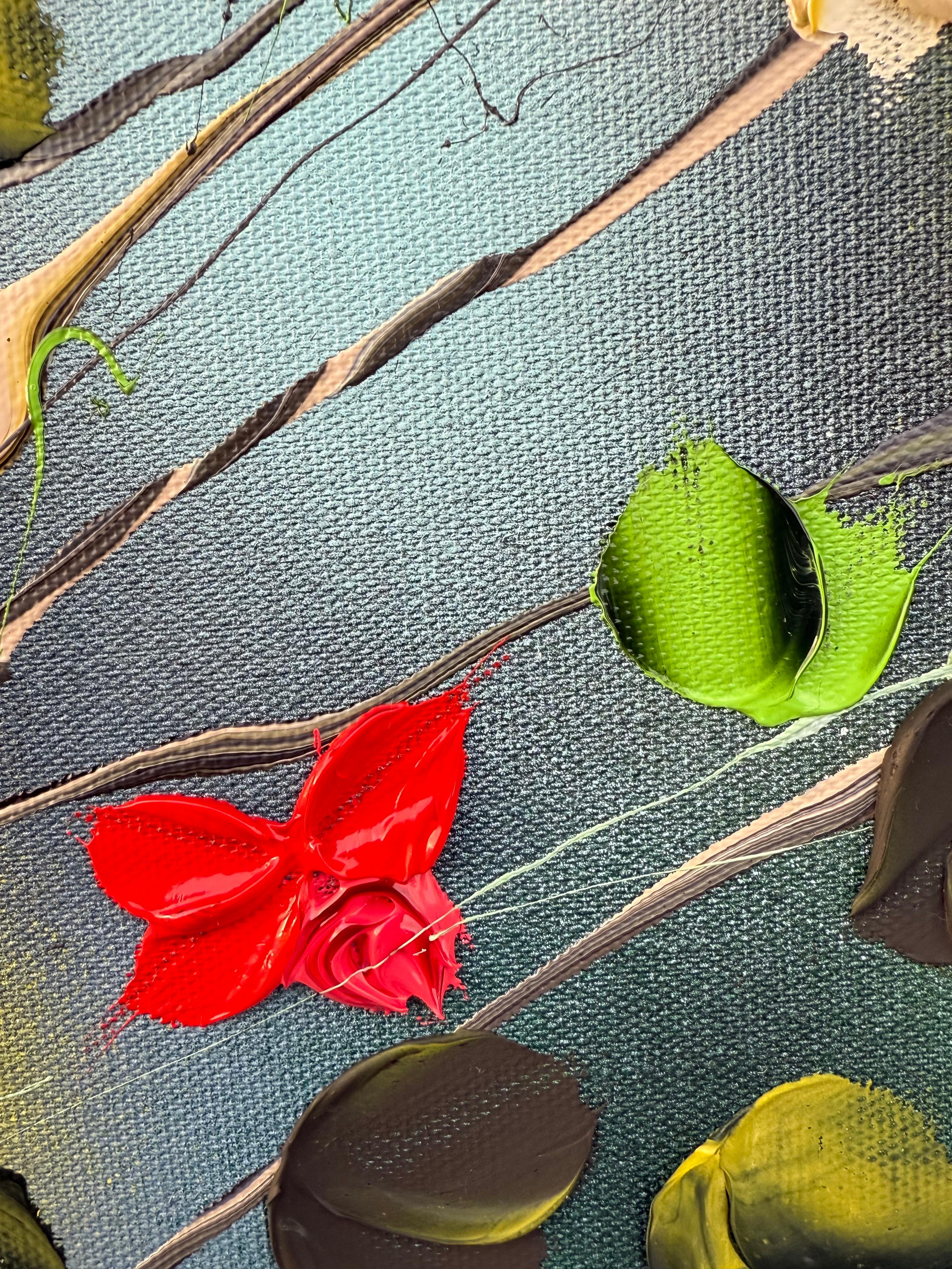 Roses -  Peinture impressionniste sur toile de lin avec roses en vente 5