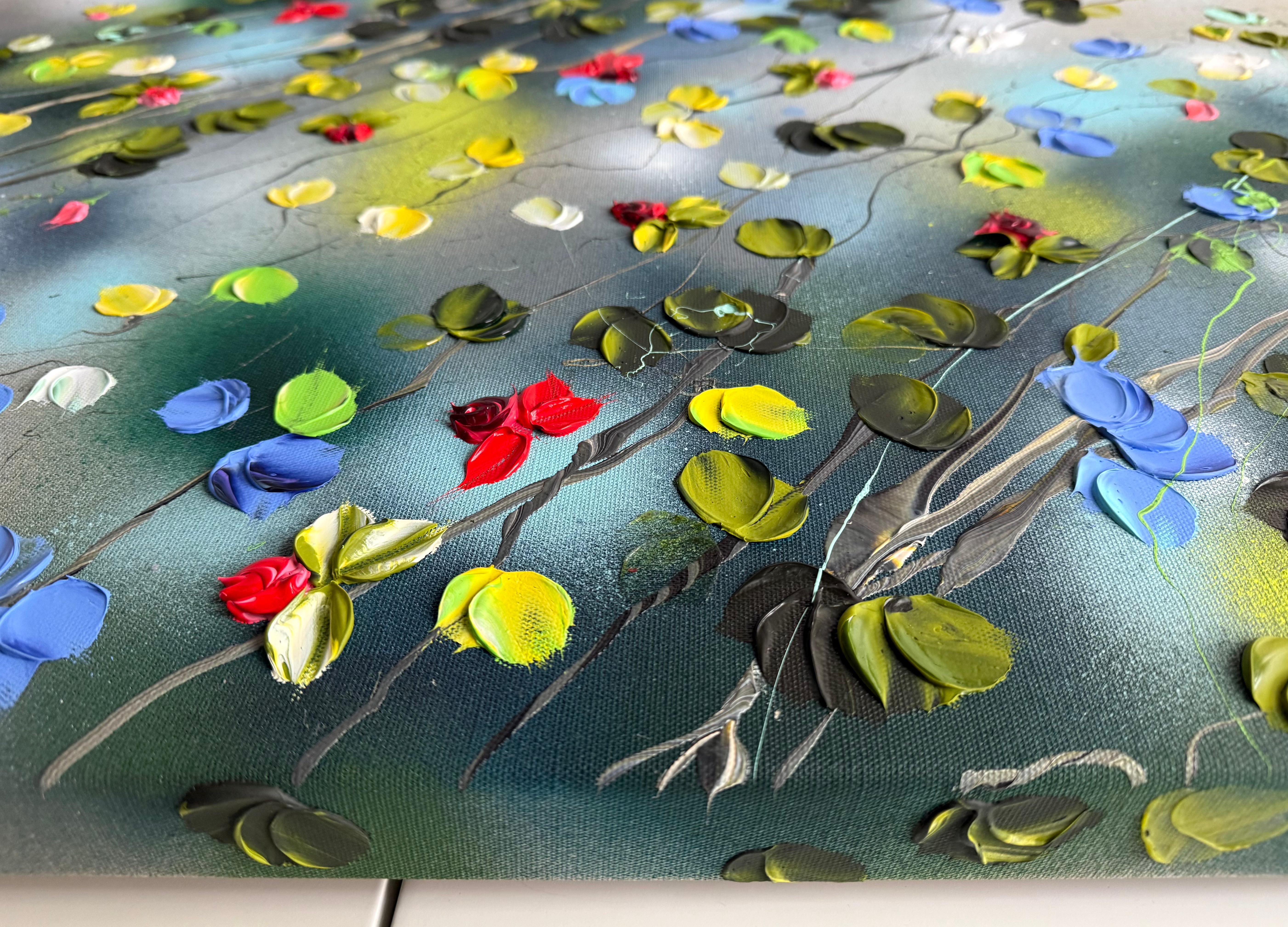 Roses -  Peinture impressionniste sur toile de lin avec roses en vente 7