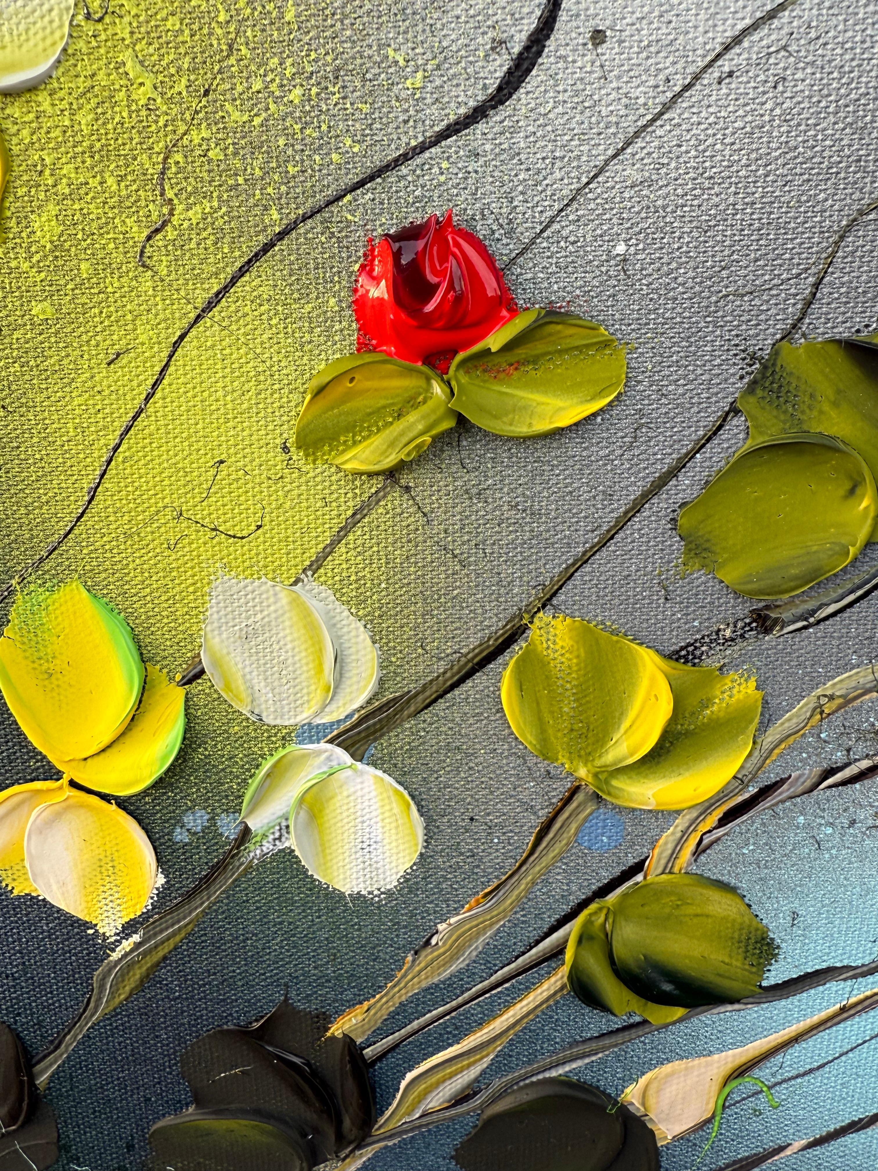 Roses -  Peinture impressionniste sur toile de lin avec roses - Impressionnisme abstrait Painting par Anastassia Skopp