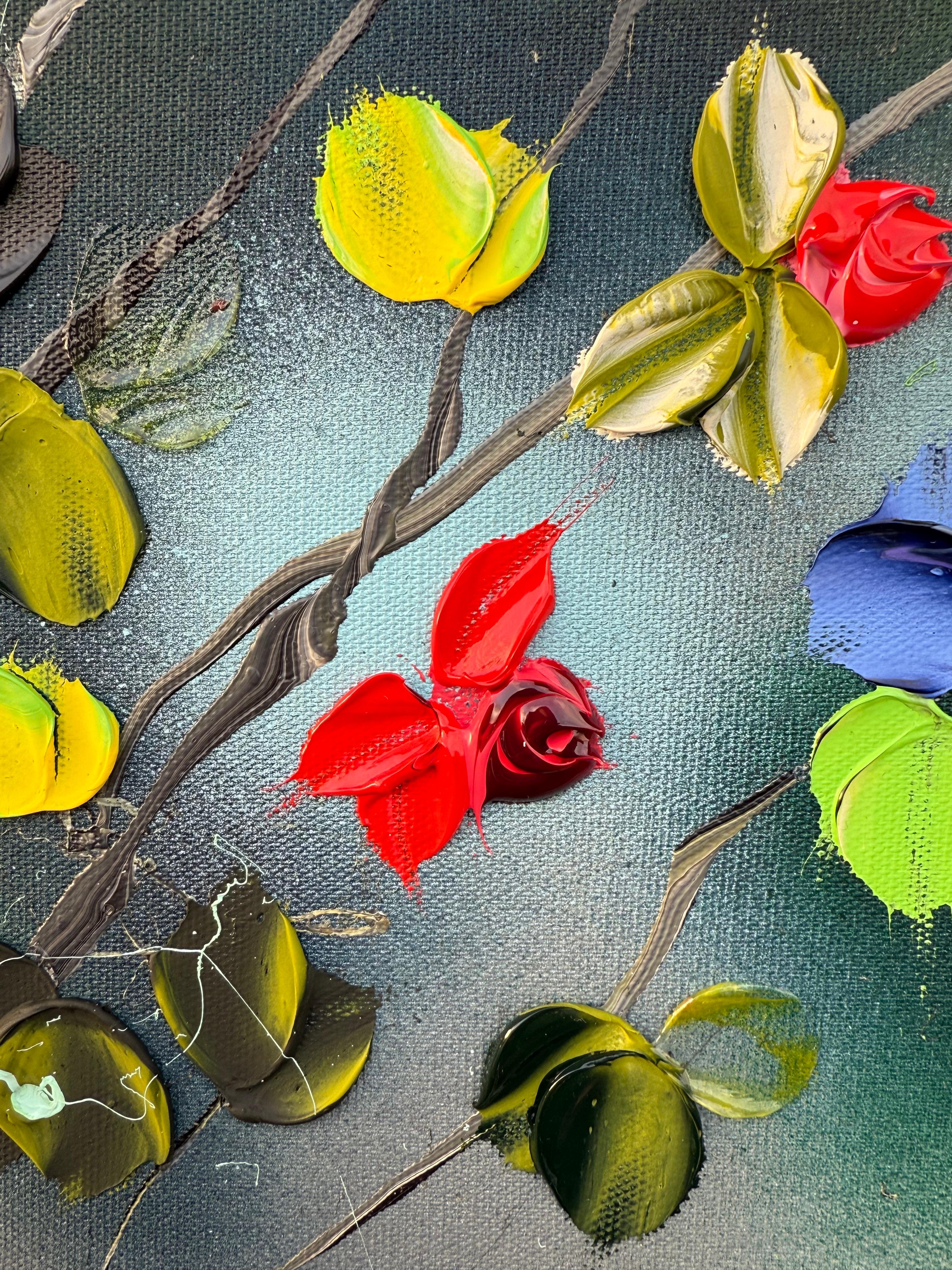 Roses -  Peinture impressionniste sur toile de lin avec roses en vente 3