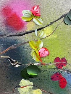 Satori Blooms I -  impressionistic painting on linen canvas with 3d roses