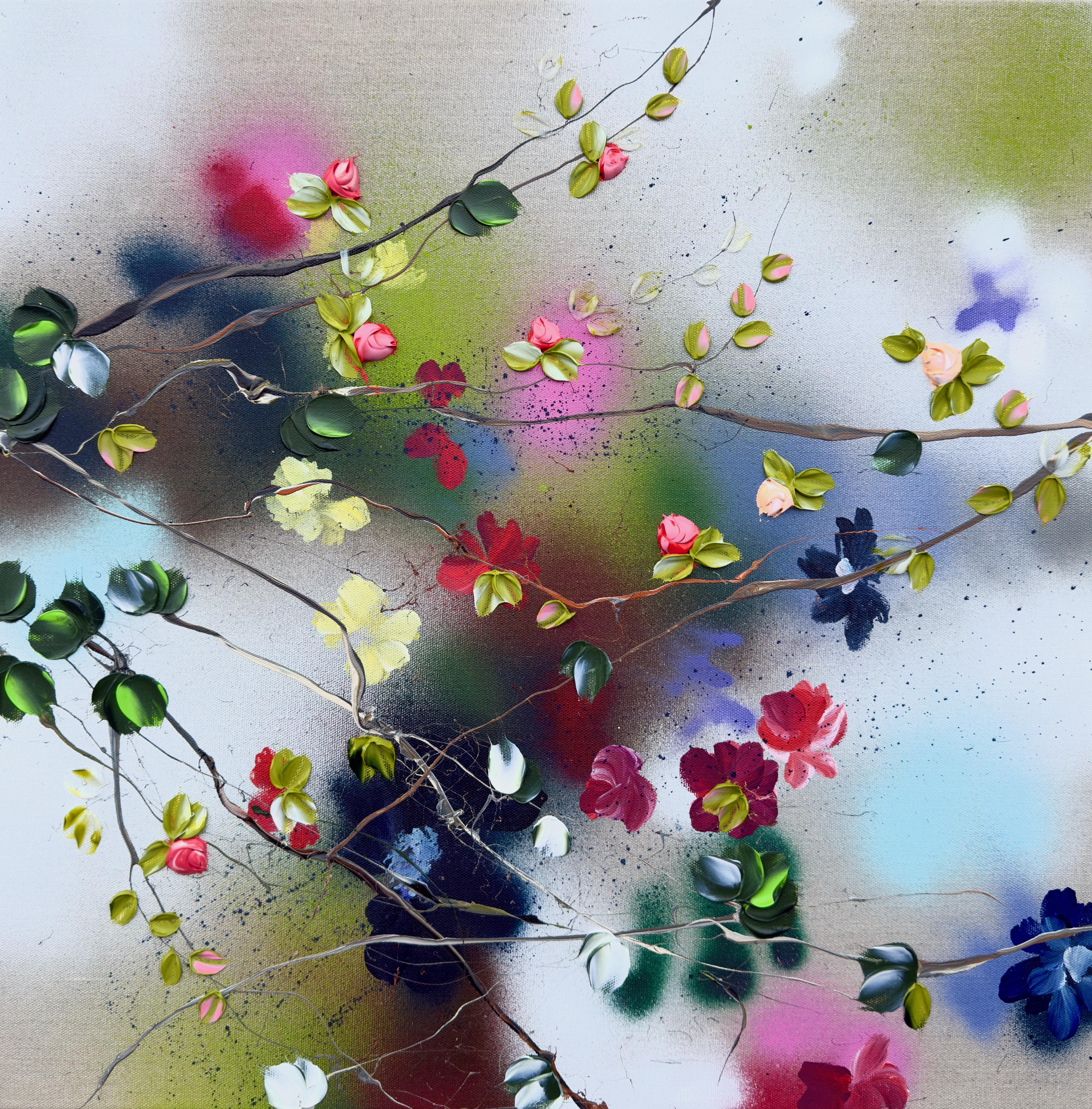 Satori Blooms I -  dipinto impressionistico su tela di lino con rose in 3d