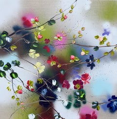 Satori Blooms I -  dipinto impressionistico su tela di lino con rose in 3d