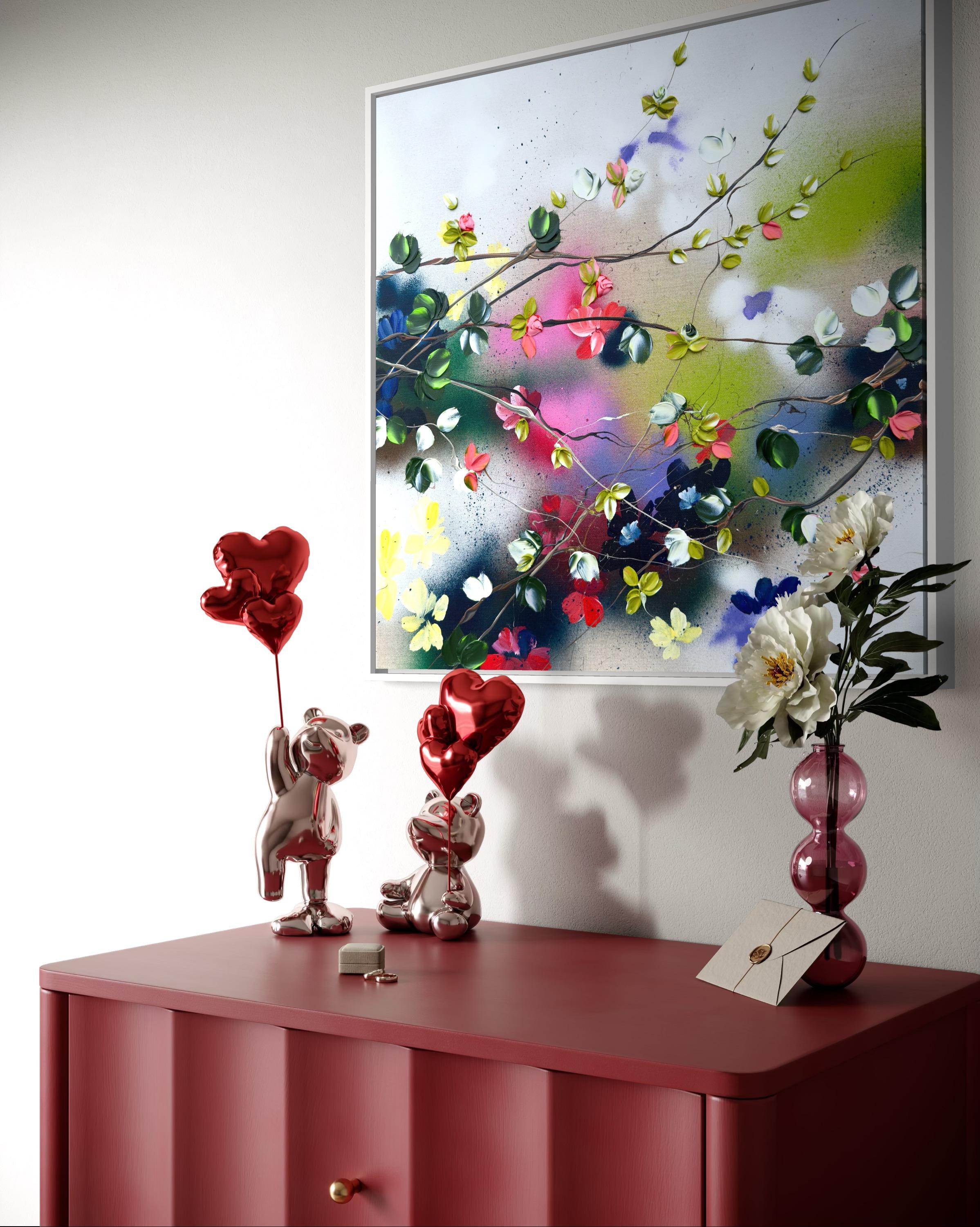 Satori Blooms II -  impressionistic painting on linen canvas with 3d roses For Sale 5