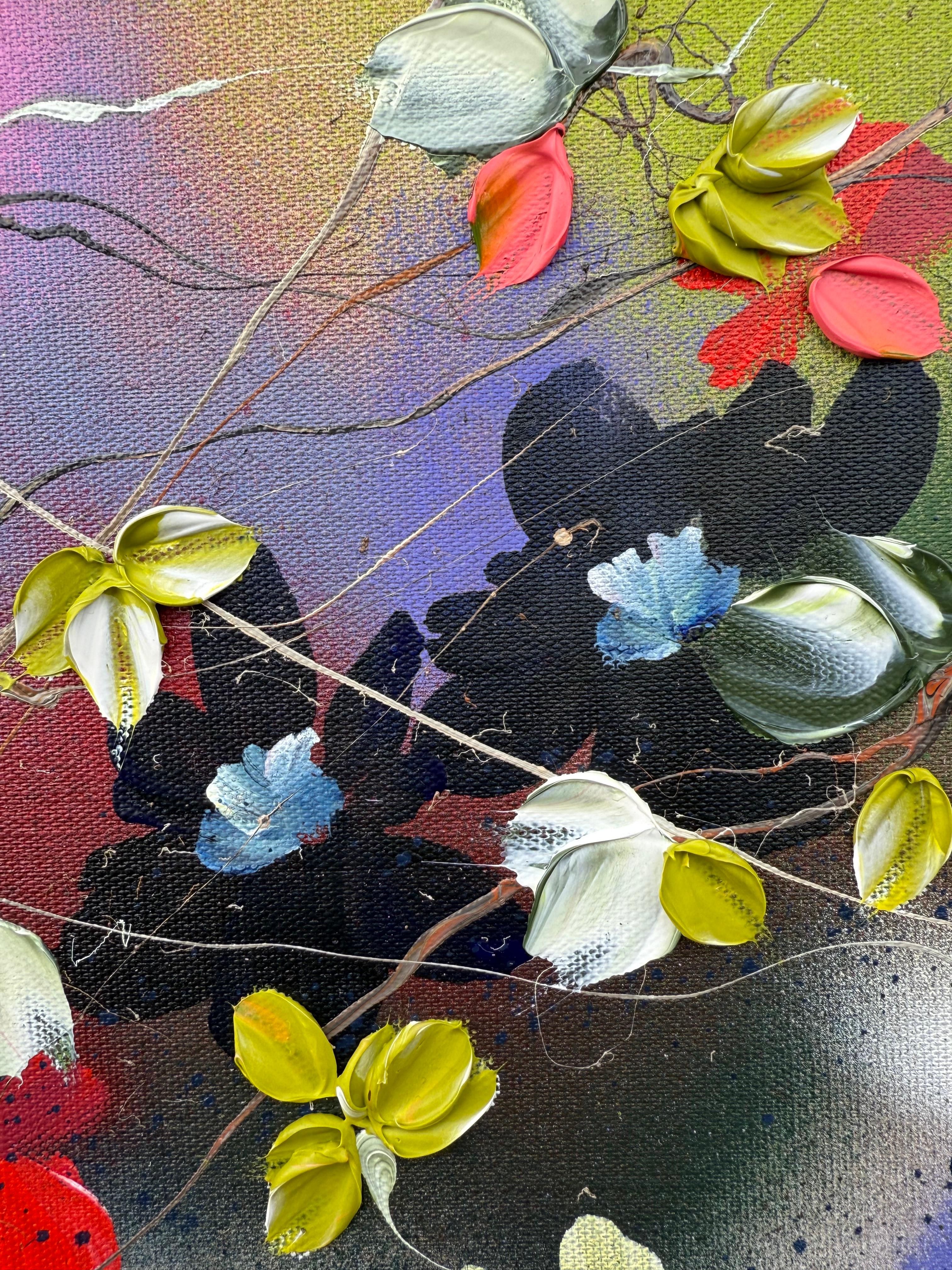 Satori Blooms II -  impressionistic painting on linen canvas with 3d roses For Sale 7