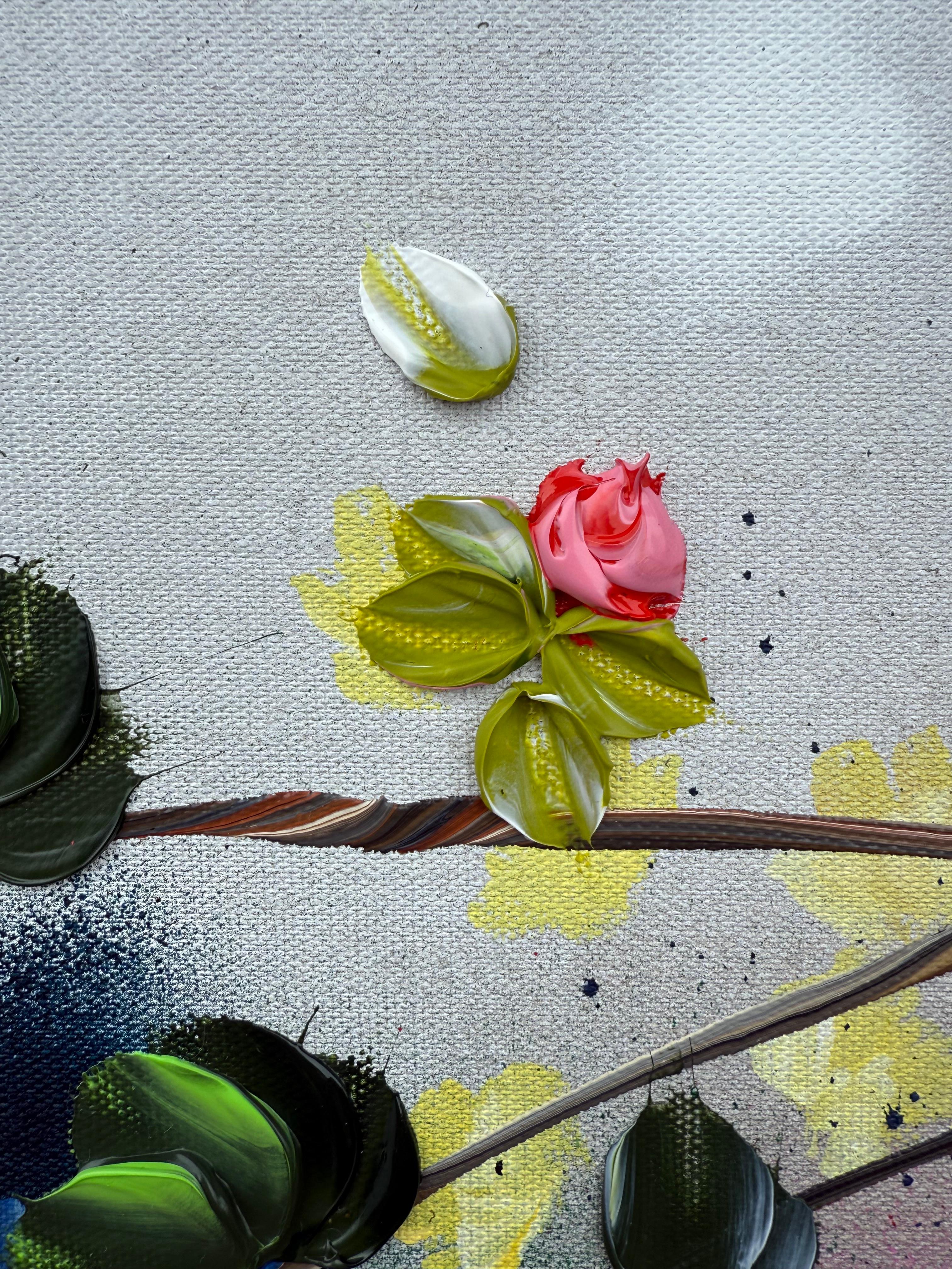 Satori Blooms II -  impressionistic painting on linen canvas with 3d roses For Sale 8