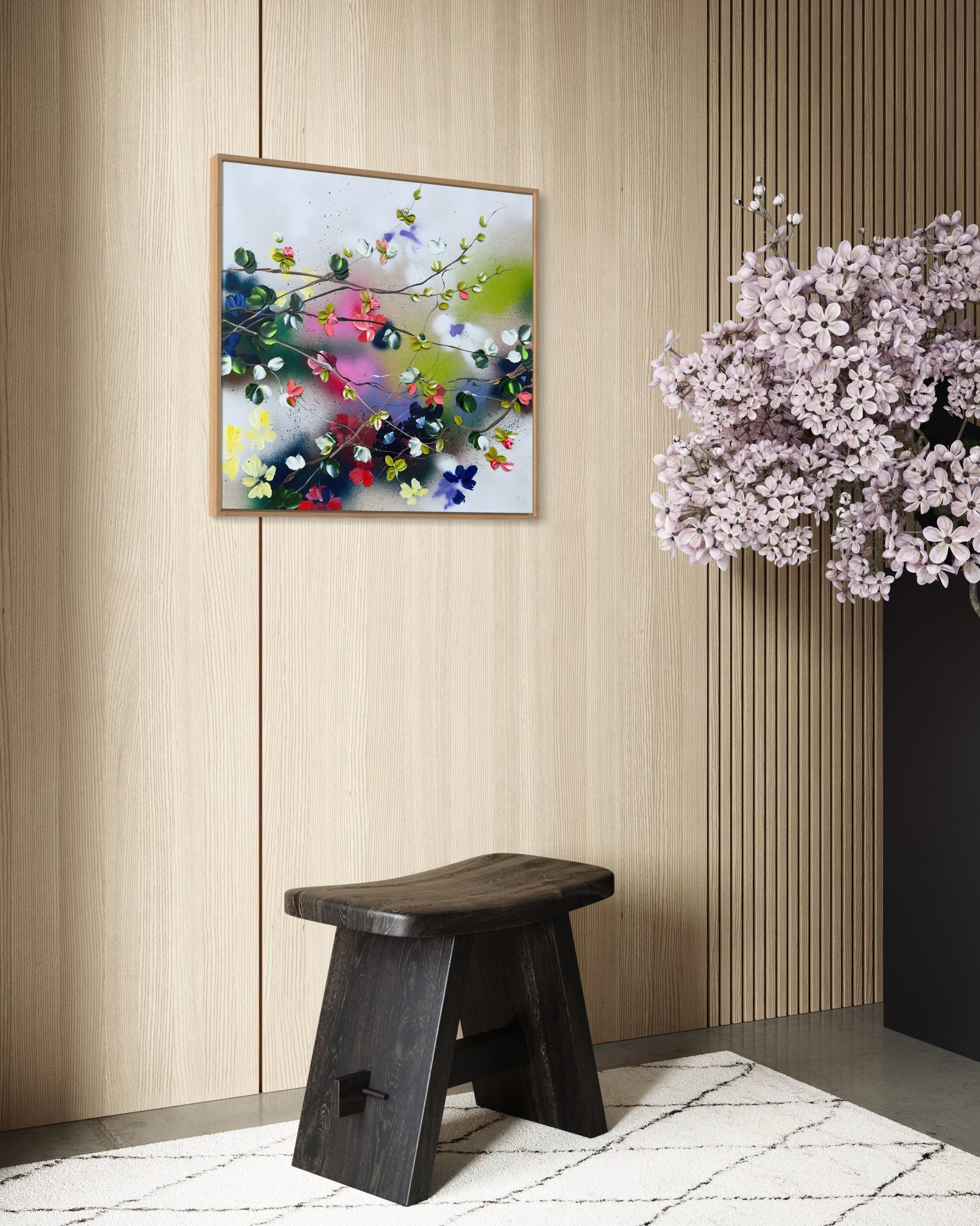 Satori Blooms II -  impressionistic painting on linen canvas with 3d roses For Sale 9