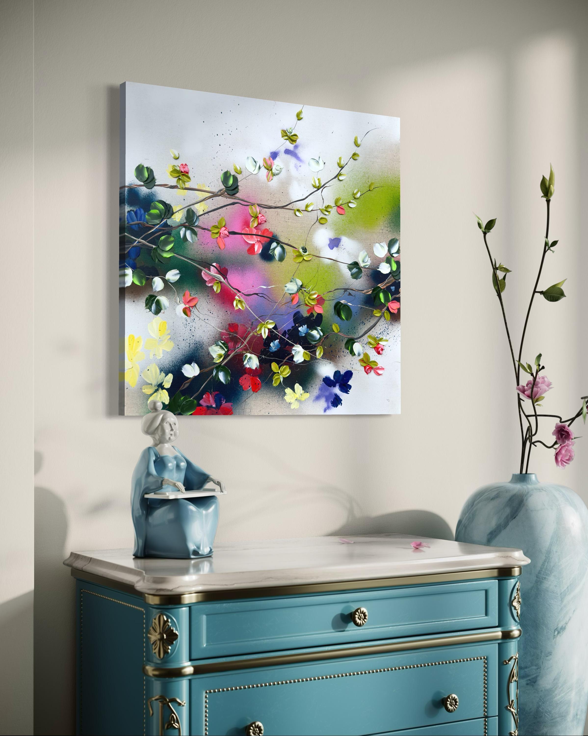 Satori Blooms II -  impressionistic painting on linen canvas with 3d roses For Sale 10