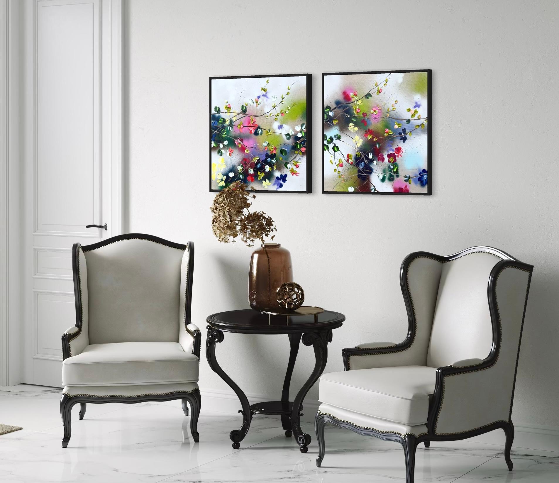 Satori Blooms II -  impressionistic painting on linen canvas with 3d roses For Sale 11