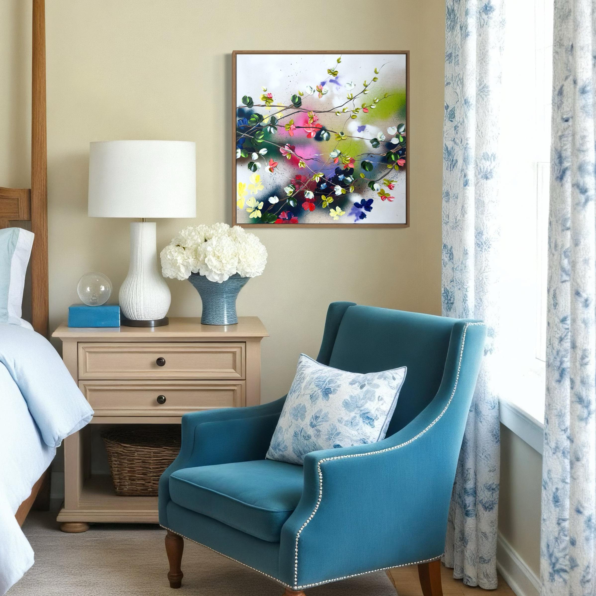 Satori Blooms II -  impressionistic painting on linen canvas with 3d roses For Sale 12